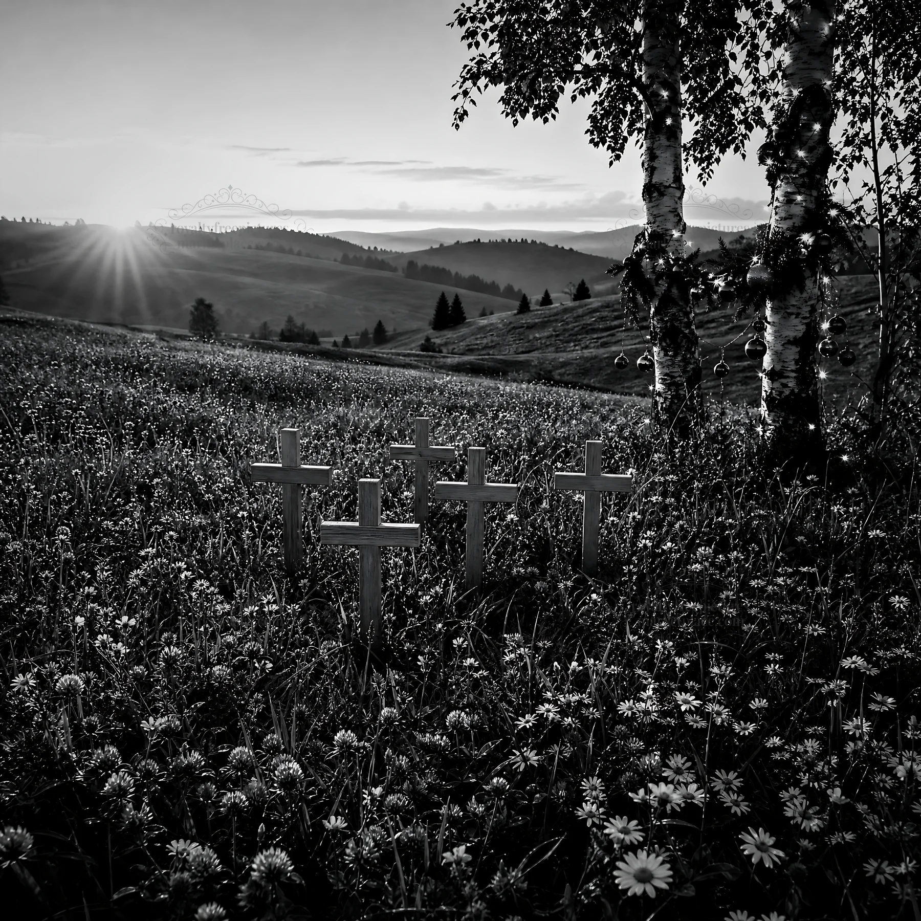 Christian crosses on meadow during sunrise with light rays - AI-generated stock image