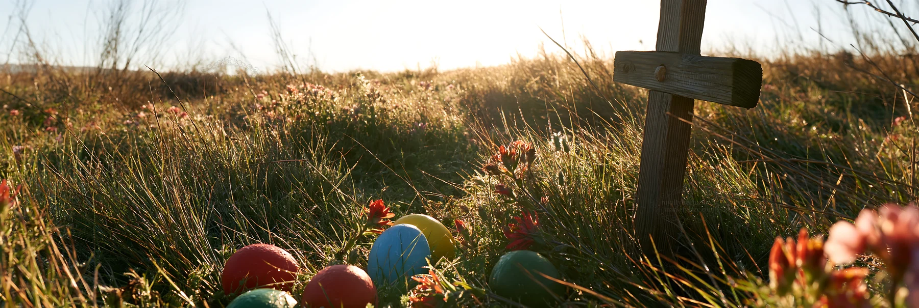 Christian cross in meadow at morning - AI-generated stock image