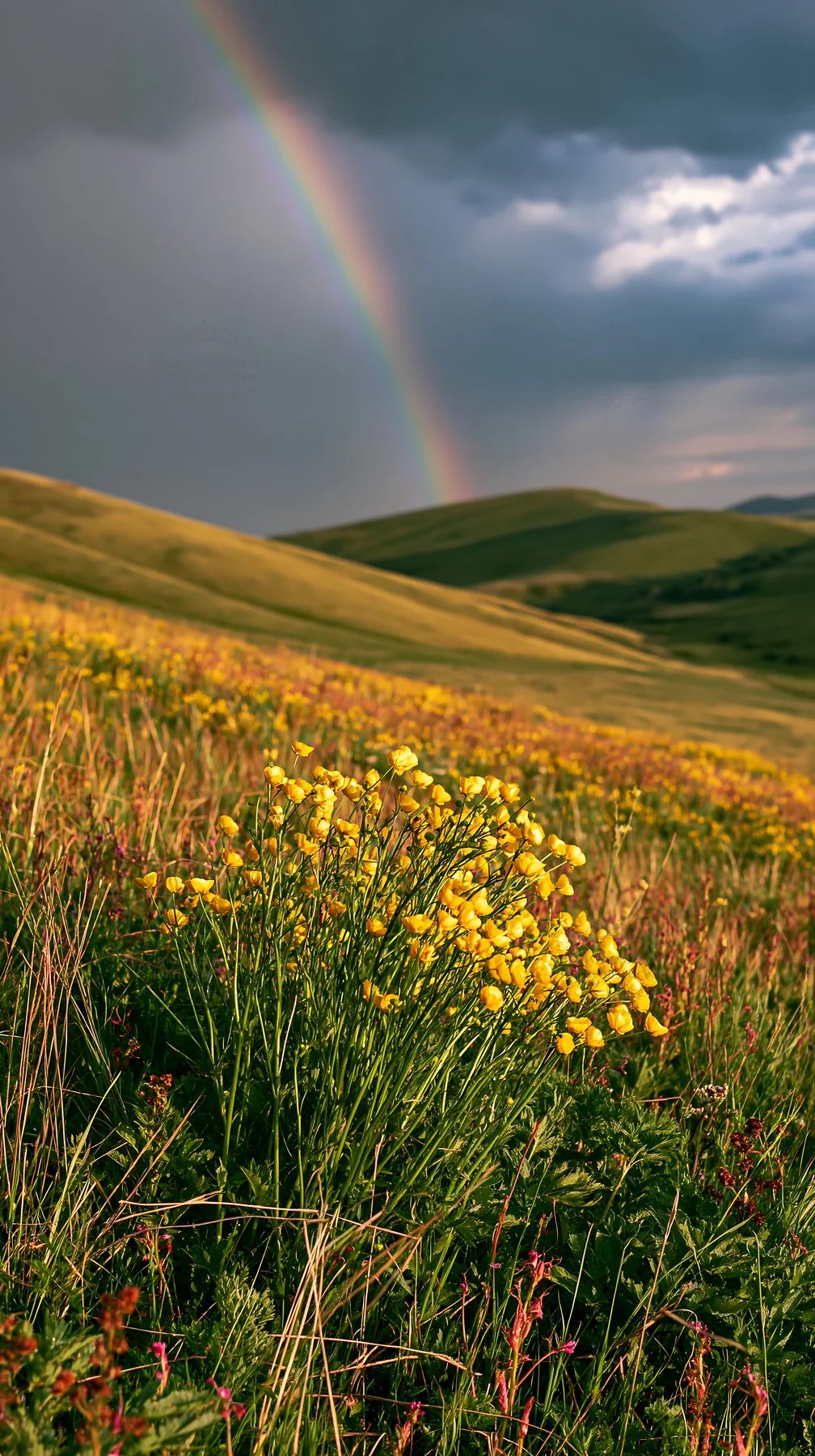 Colorful buttercup meadow under a rainbow in nature - AI-generated stock image