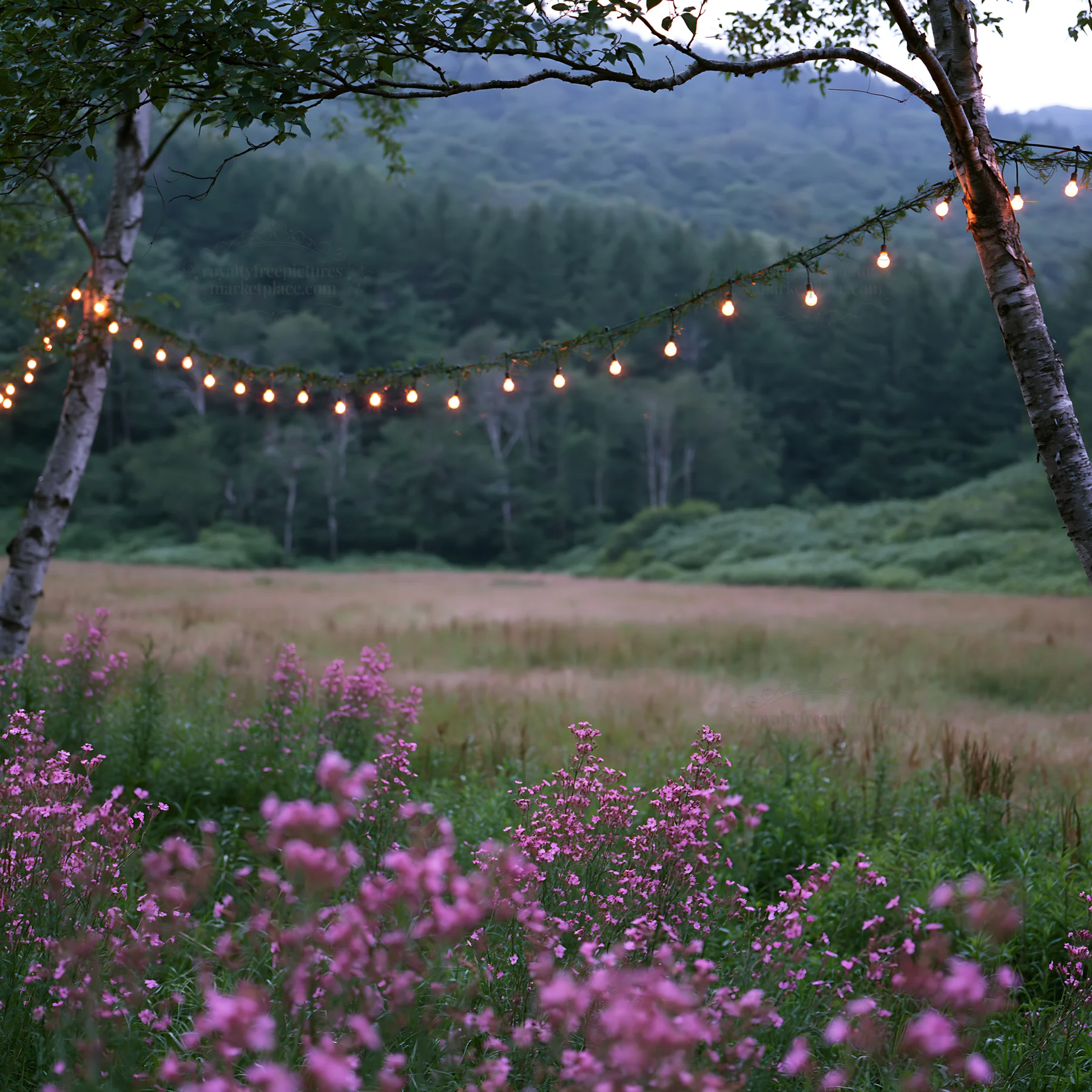Wide Christmas meadow with native flowers and fairy lights - AI-generated stock image