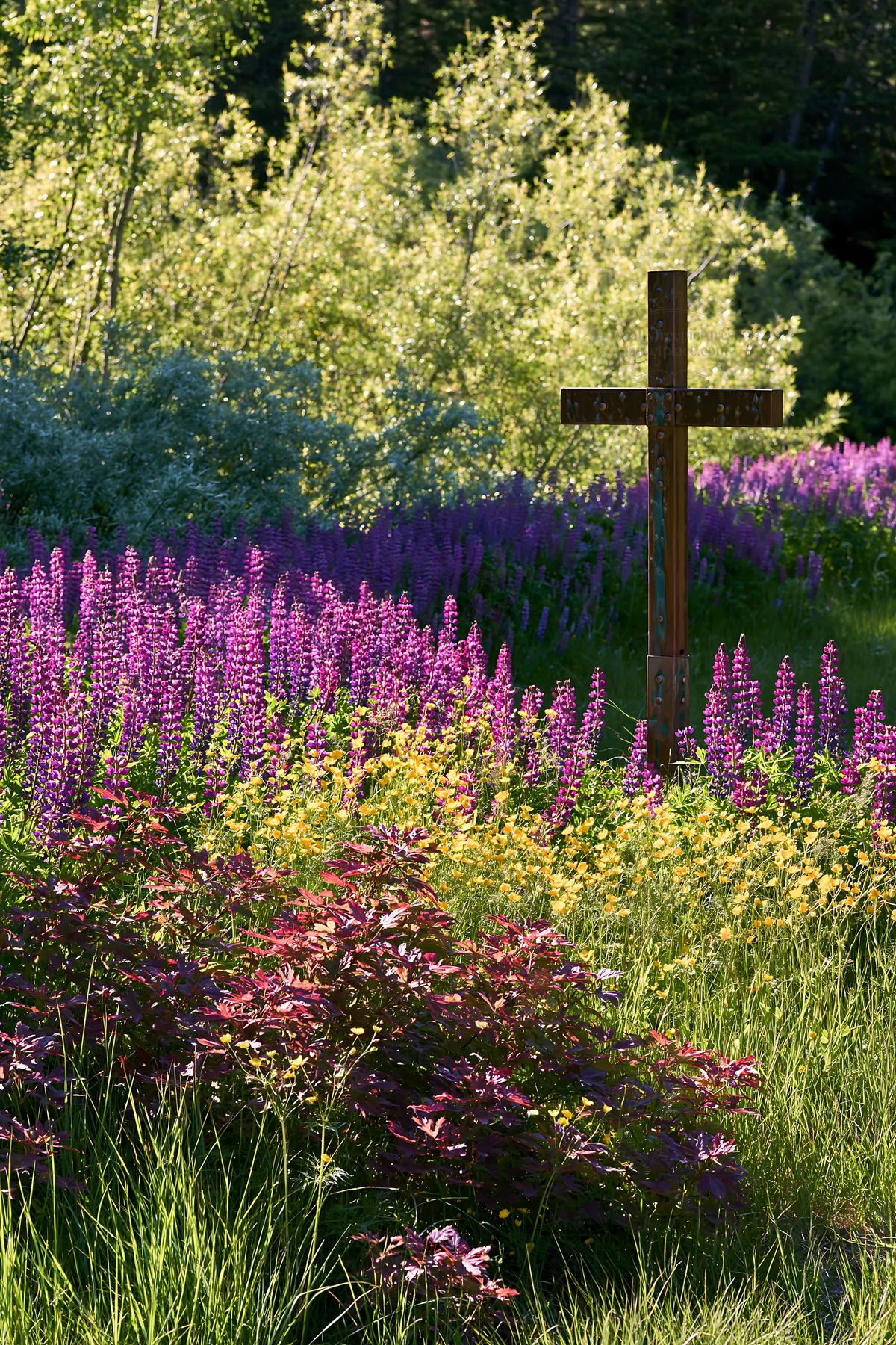 Christian cross beside mineral spring meadow with flowers - AI-generated stock image