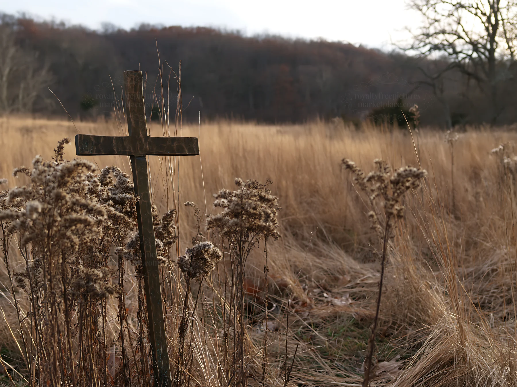 Bronze cross in a meadow during the Christmas season - AI-generated stock image