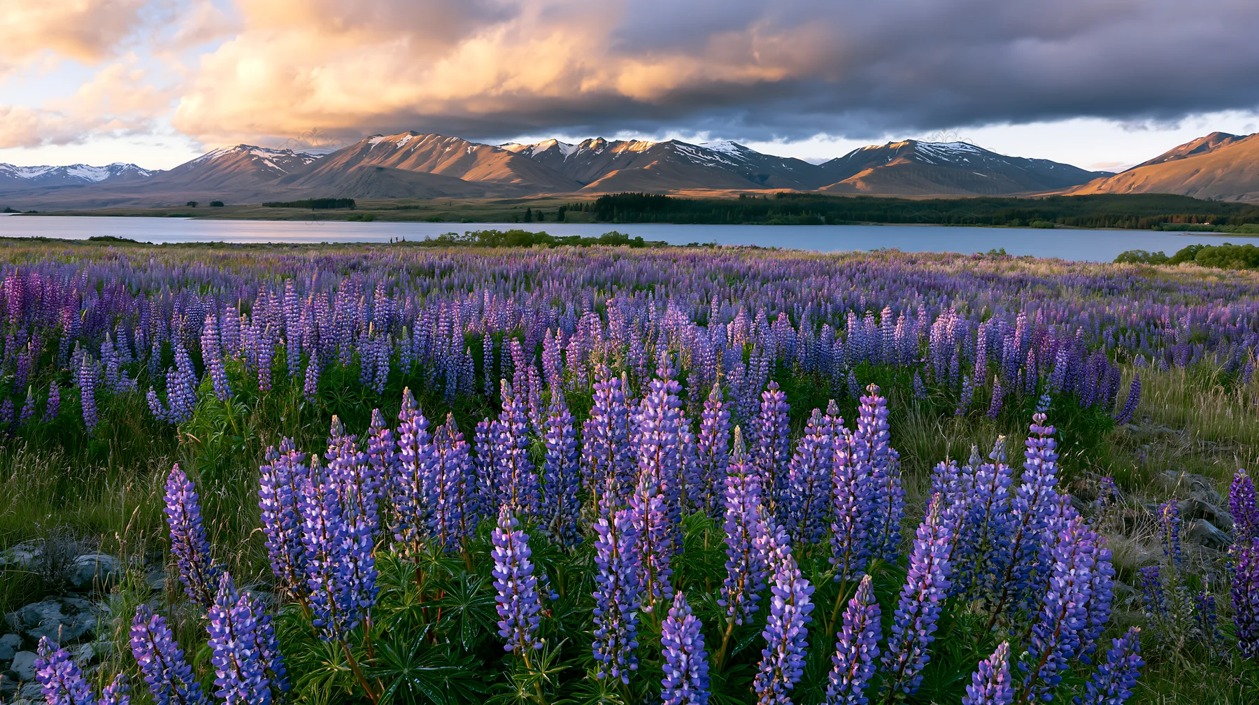 Violet flowers in Lake Tekapo with snowy alps in the background - AI-generated stock image