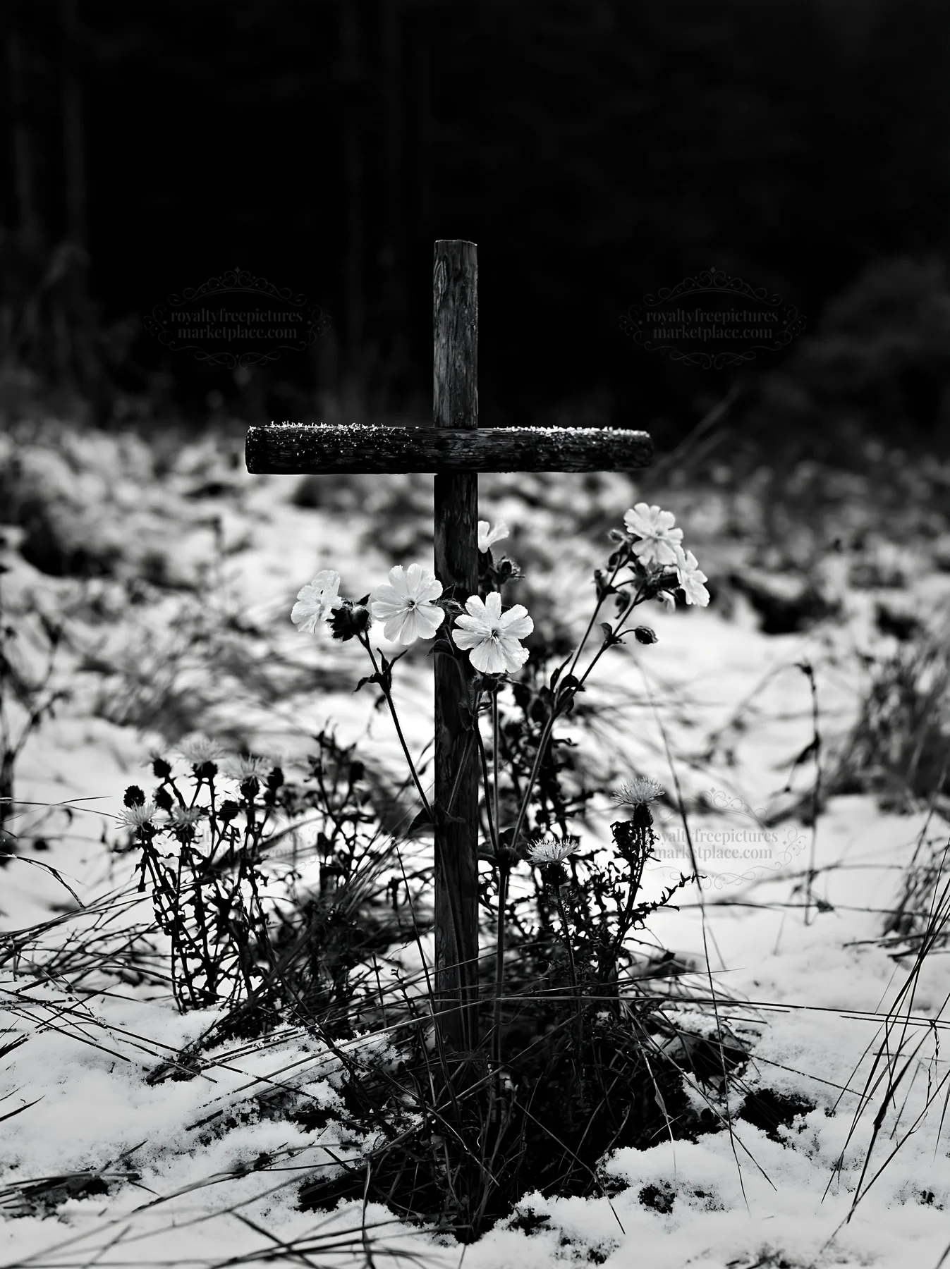 Christian cross in snow-filled meadow with flowers - AI-generated stock image