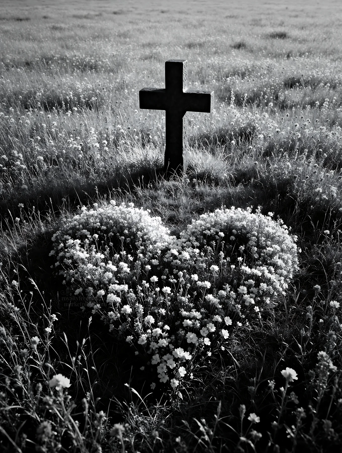 Dark Christian cross in summer meadow with heart-shaped flowers - AI-generated stock image