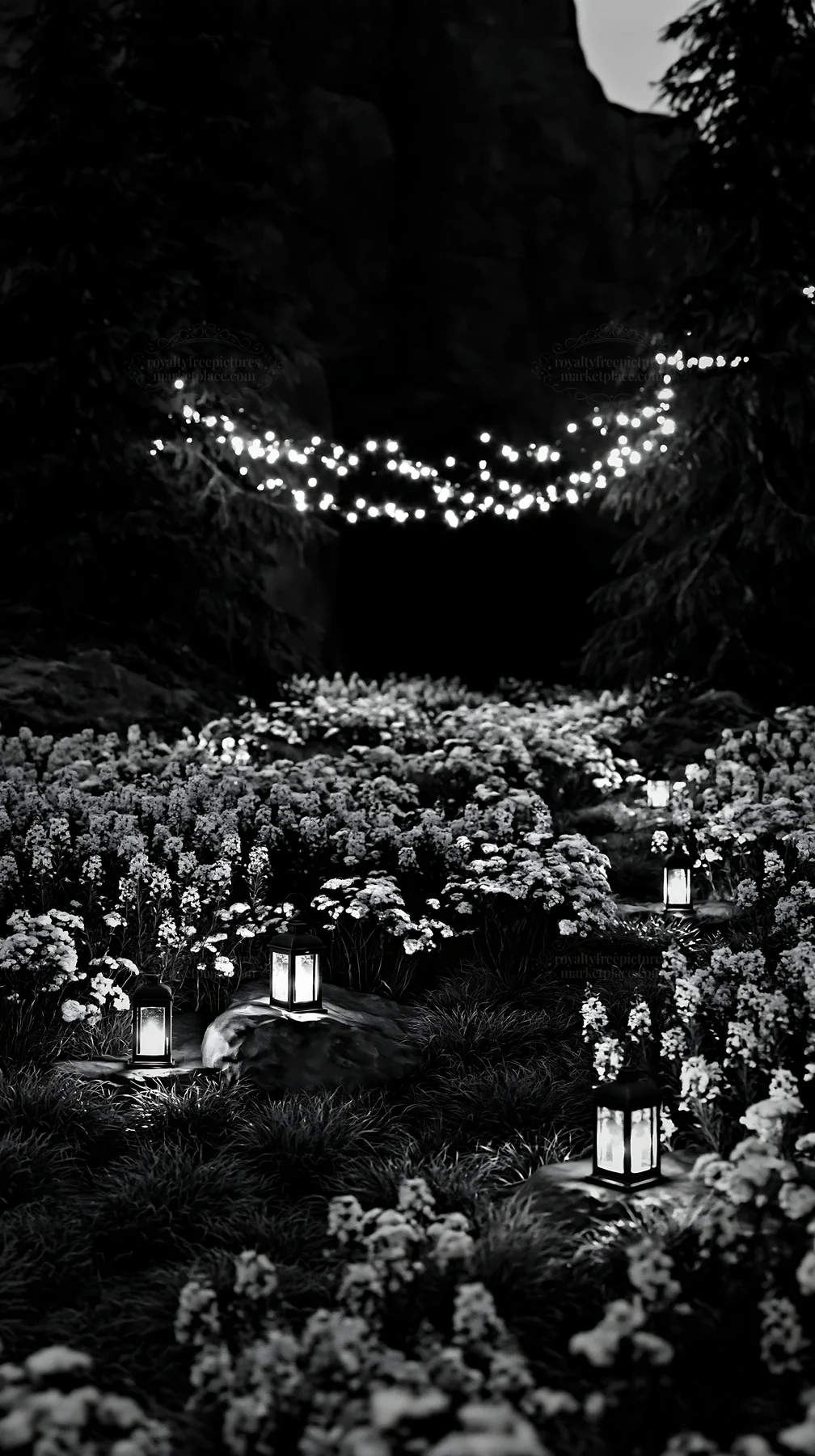 Christmas lanterns at dusk in meadow by cave - AI-generated stock image