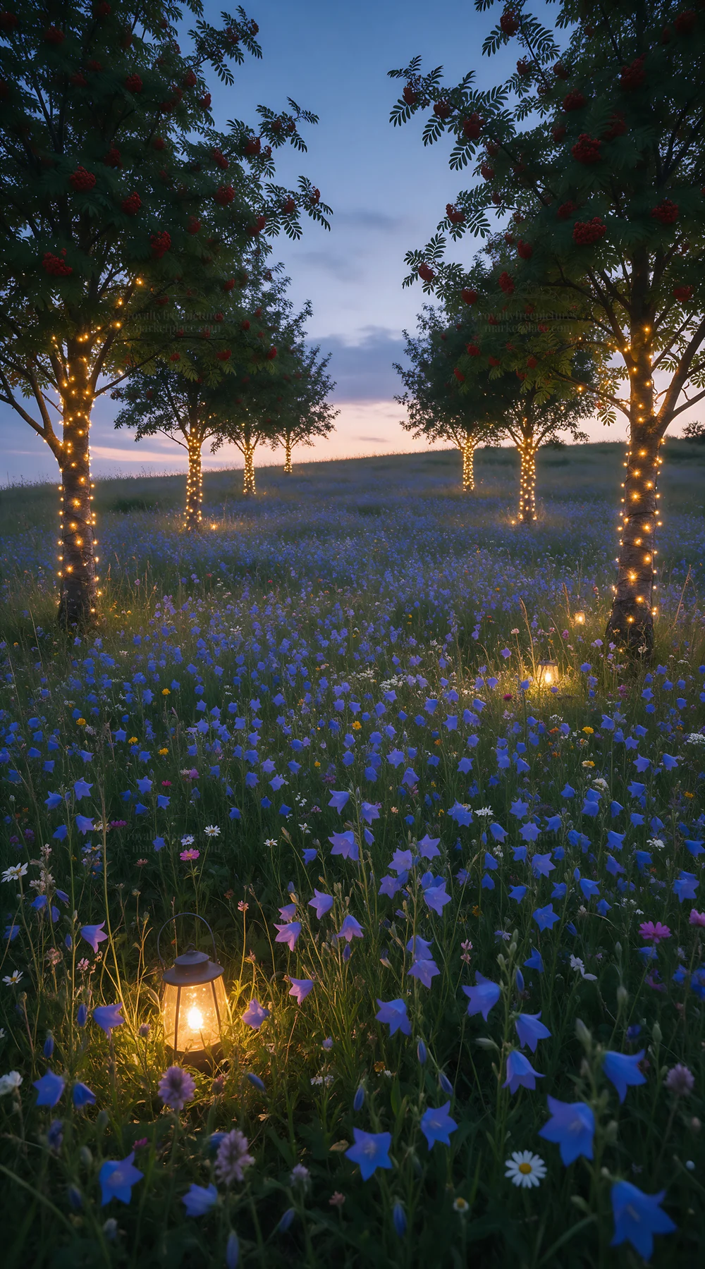 Vibrant Christmas lights illuminating meadow at dusk - AI-generated stock image