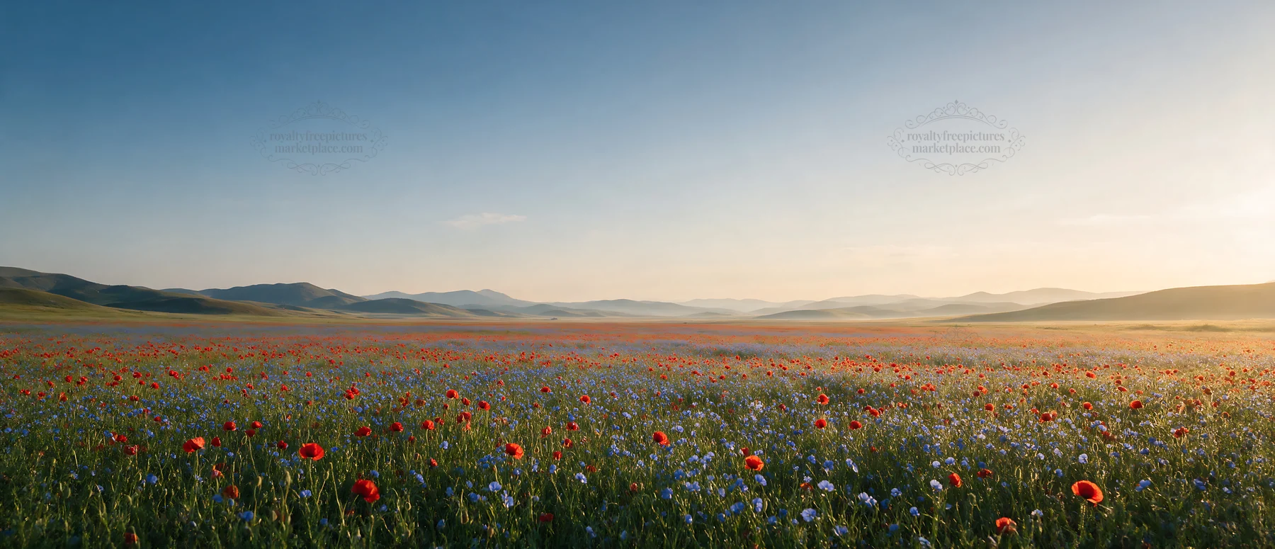 Poppy flax meadow with blooming flowers under clear sky - AI-generated stock image
