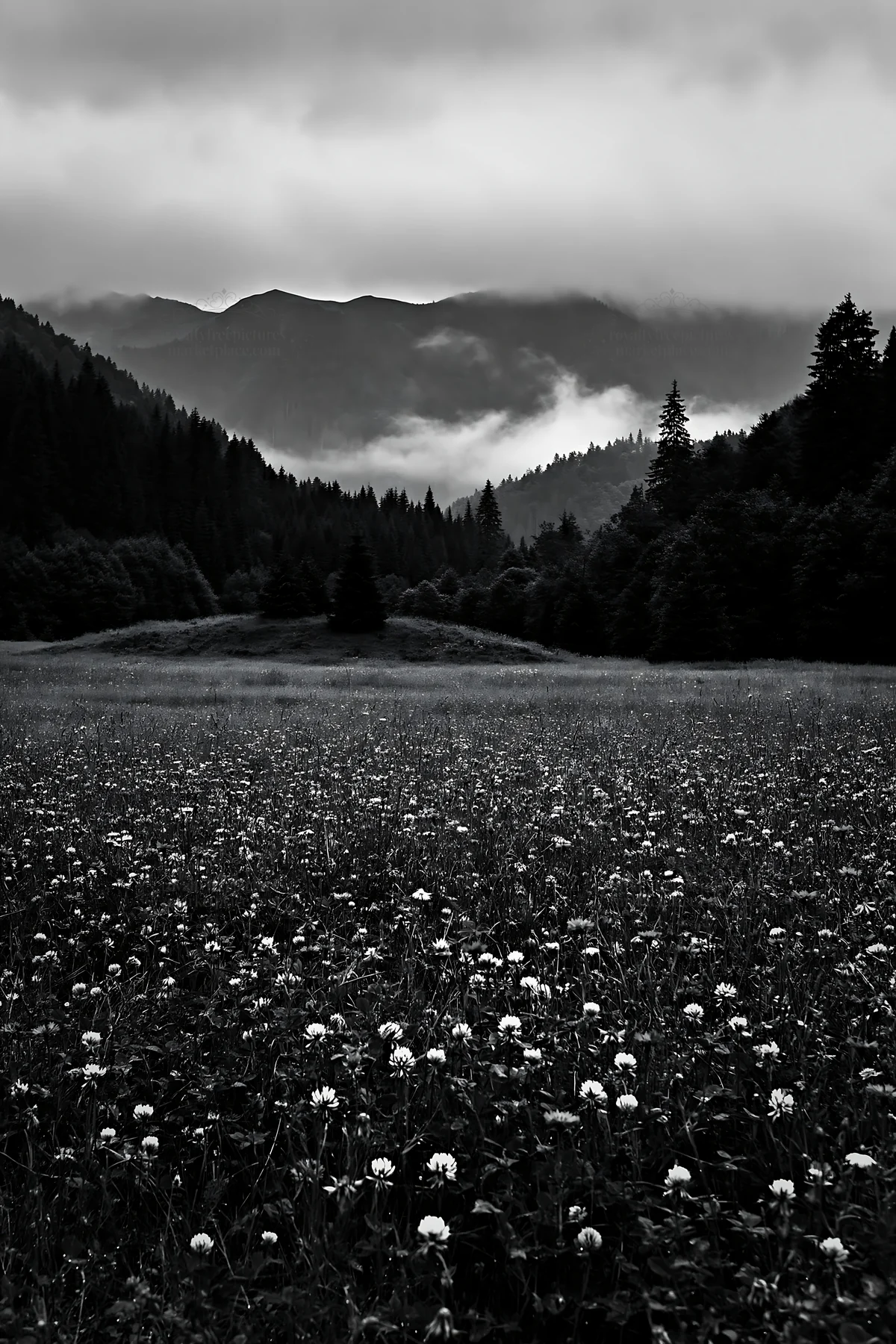 Clover cornflower meadow under cloudy sky - AI-generated stock image