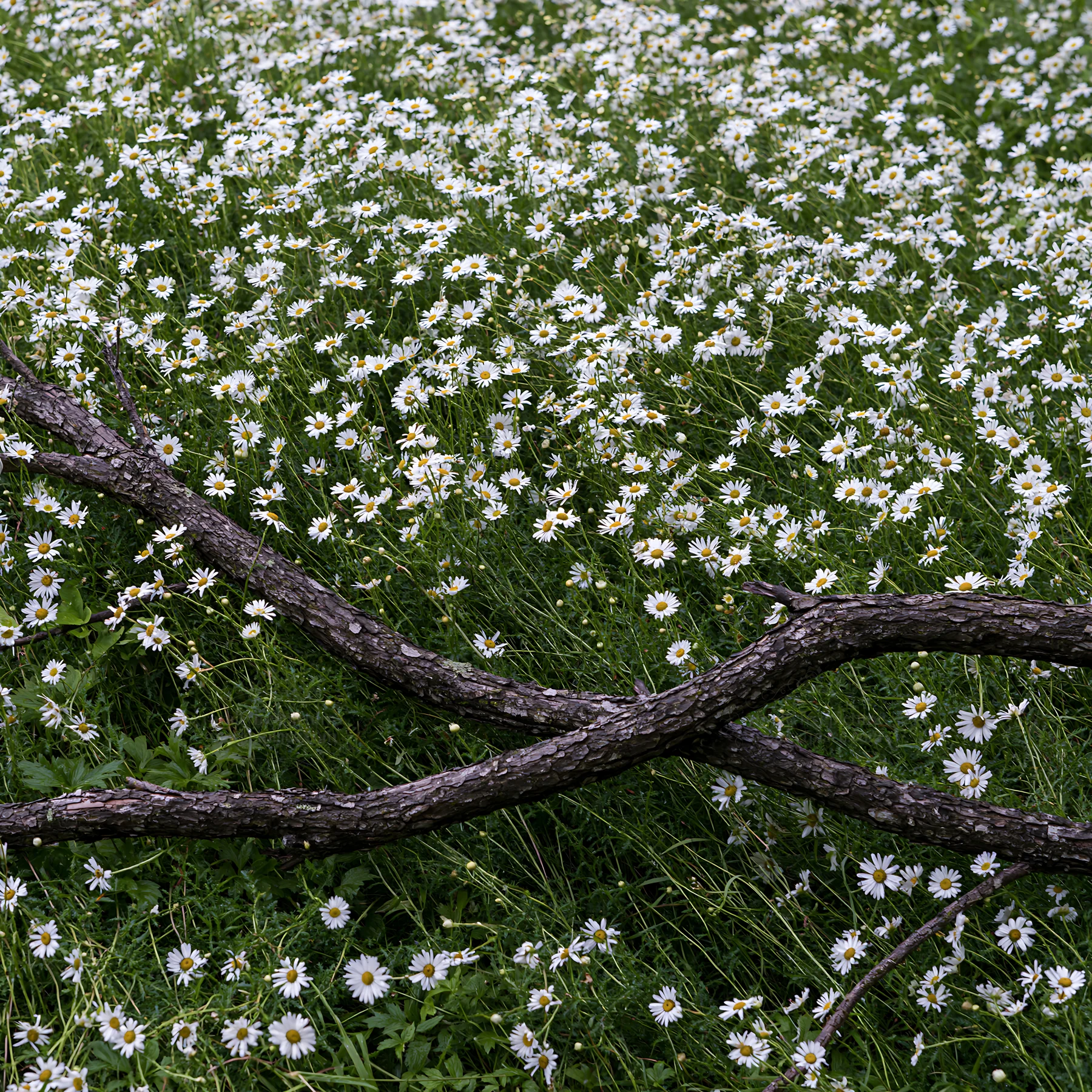 Yamagata rewilded meadow with fallen branch in the foreground - AI-generated stock image