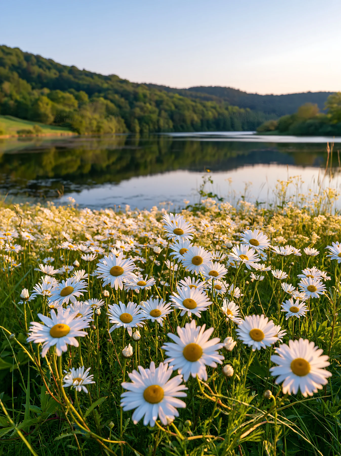 Lakeside meadow with flowers in Germany at sunset - AI-generated stock image