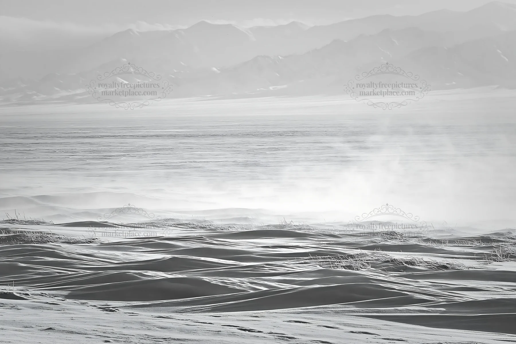 Snowy highland meadow with distant mountains under cloudy sky - AI-generated stock image