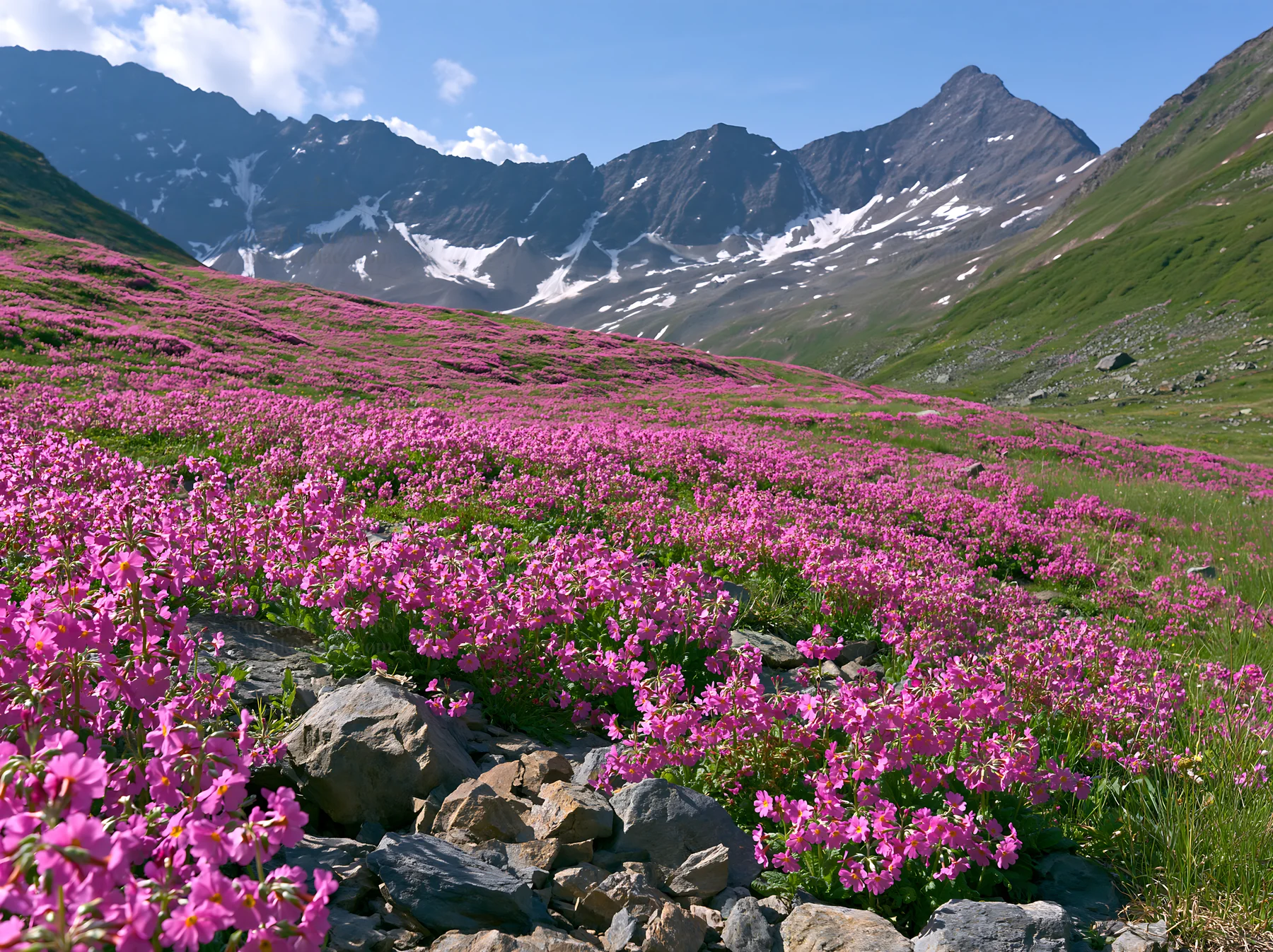 Swiss alpine meadow with flowers and mountain backdrop - AI-generated stock image