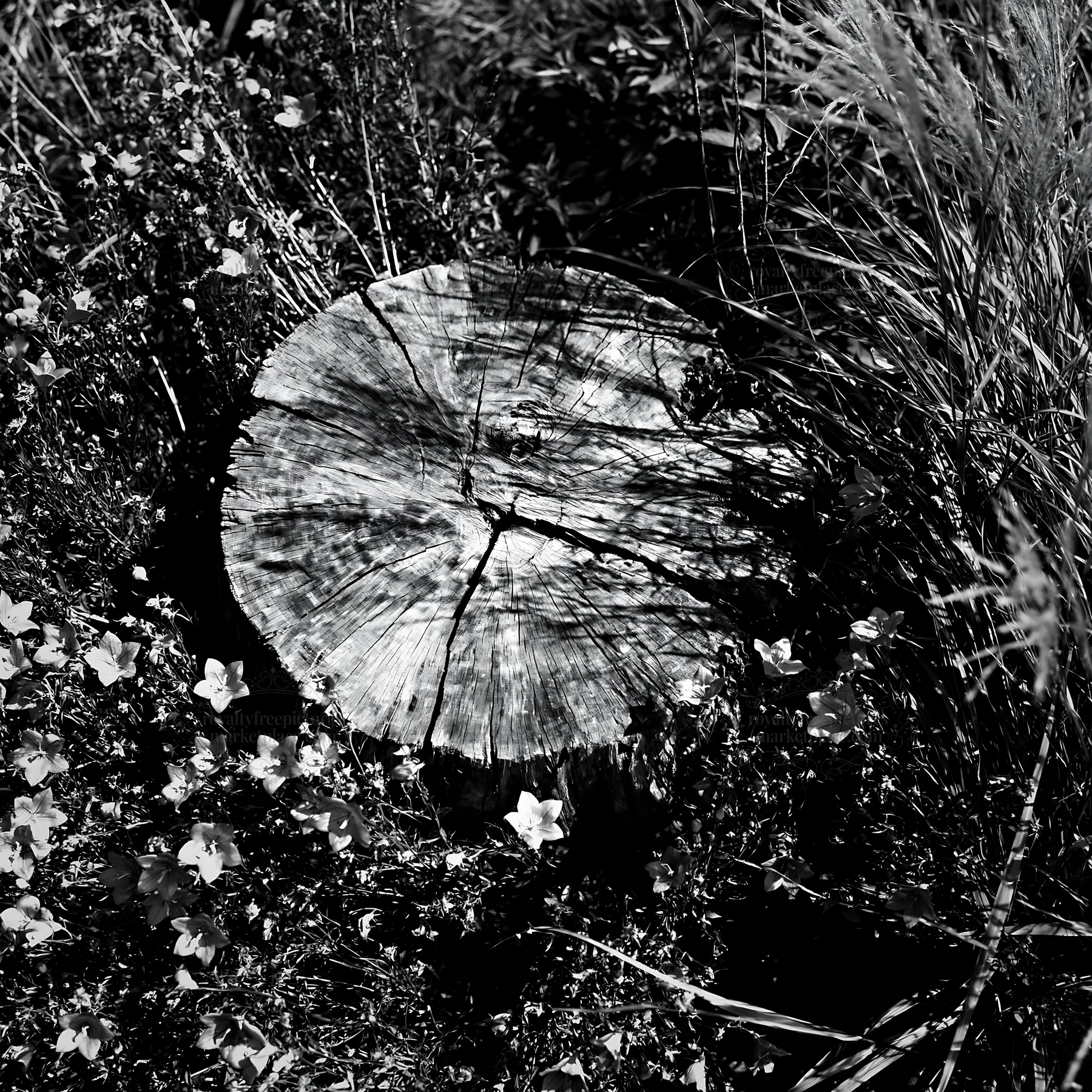 Black and white fukushima native meadow with weathered stump - AI-generated stock image