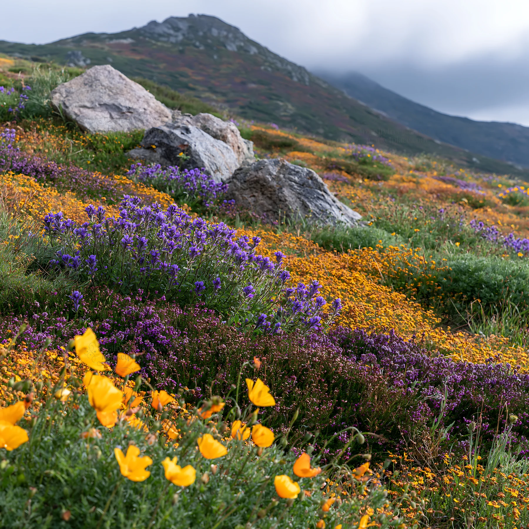 Poppy larkspur meadow in full bloom on a hillside - AI-generated stock image