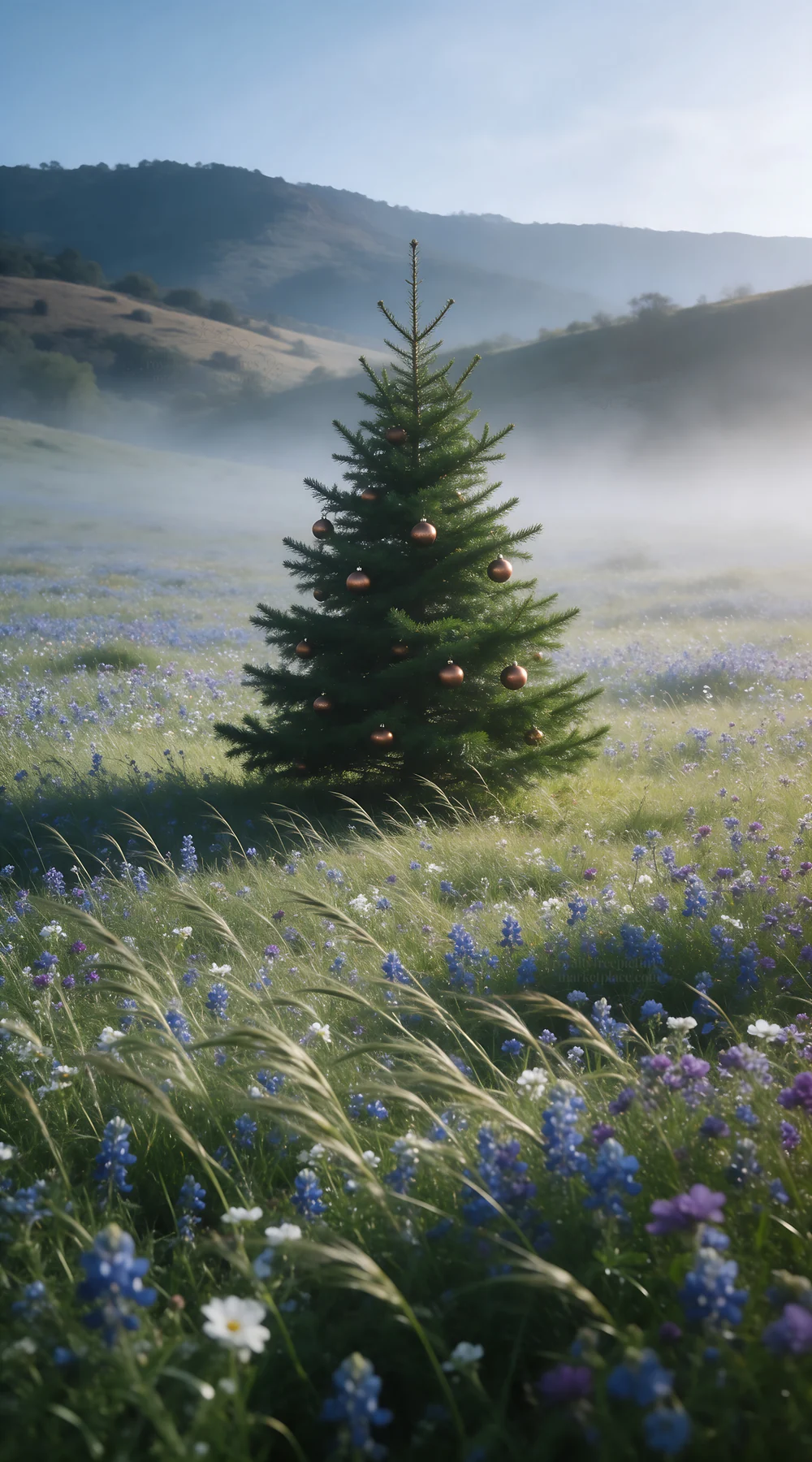 Vibrant Christmas tree in misty meadow with wildflowers - AI-generated stock image