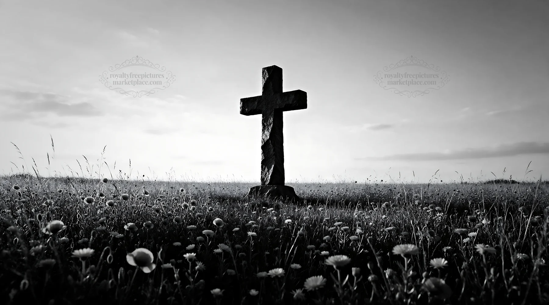 Christian cross in autumn meadow with copper light - AI-generated stock image