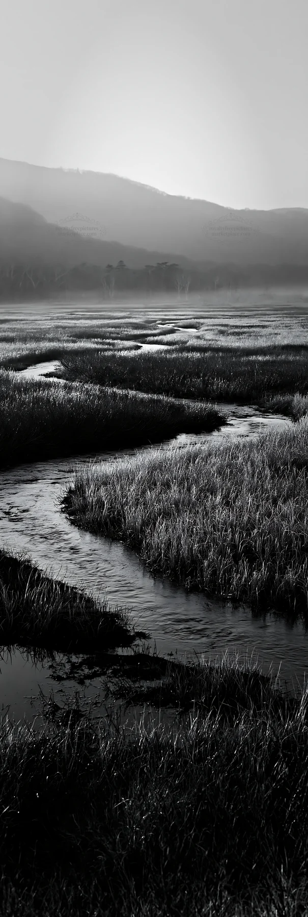 Black and white akita snowmelt meadow with silver grasses in late afternoon light - AI-generated stock image