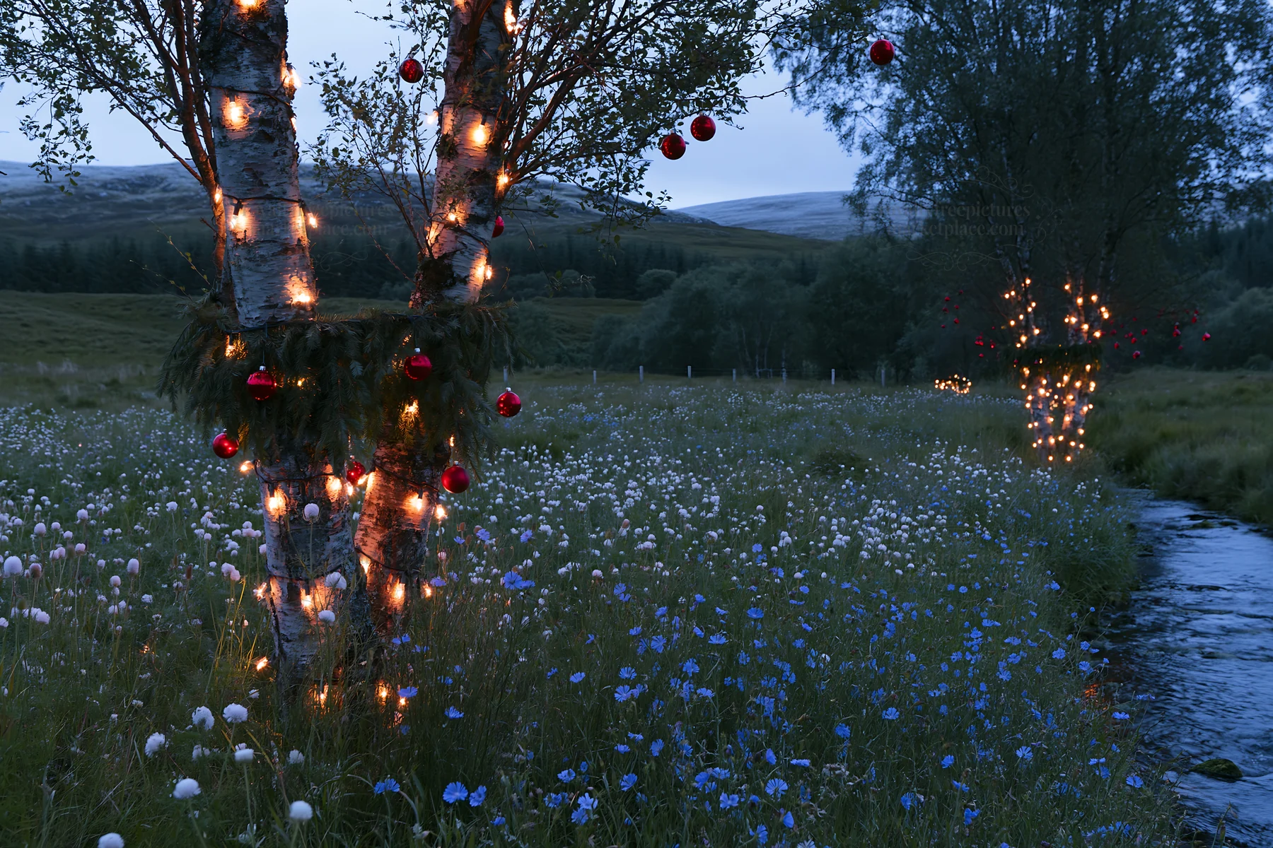 Christmas lights beside stream in meadow with flowers - AI-generated stock image