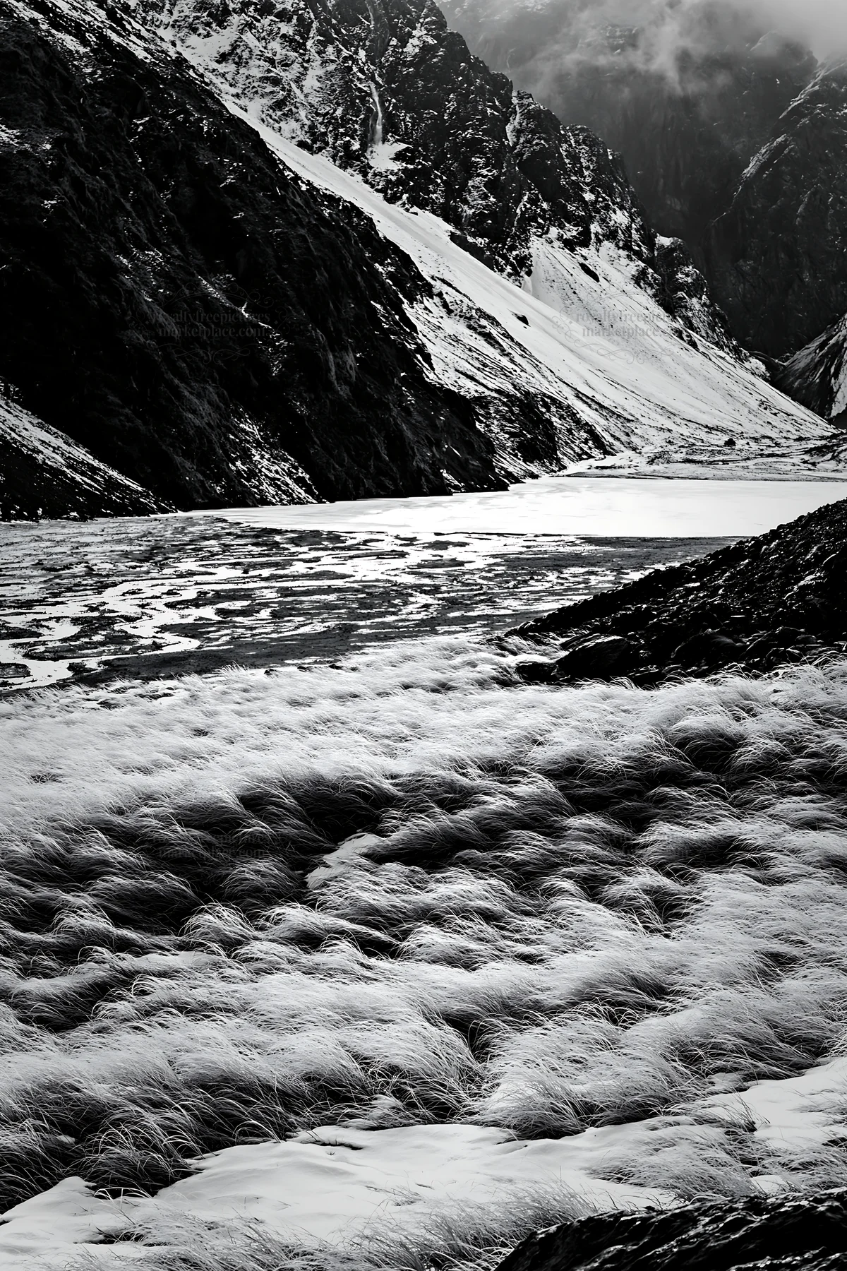 Frozen tarn meadow in winter landscape - AI-generated stock image