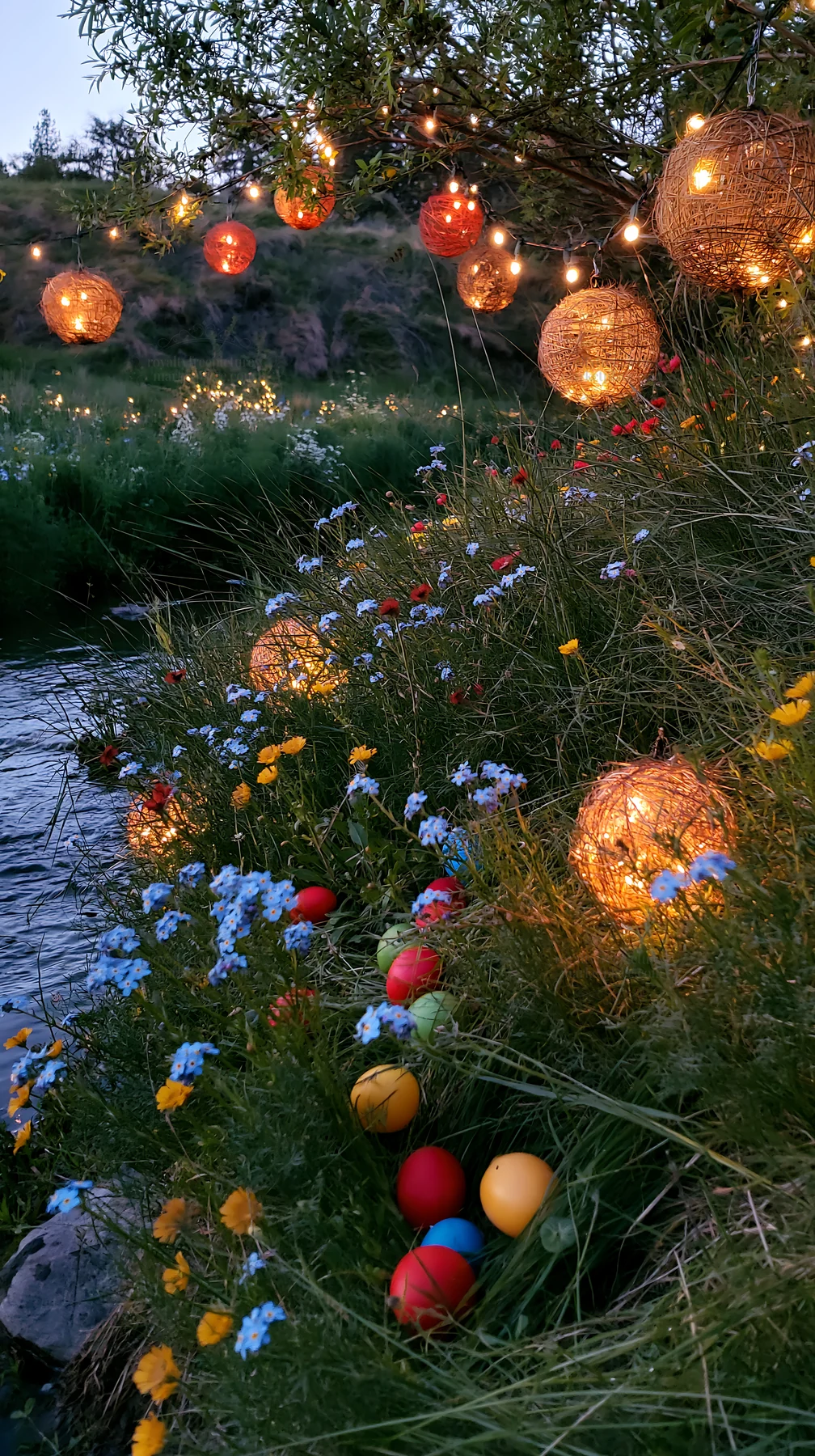 Lanterns beside stream in meadow at dusk - AI-generated stock image