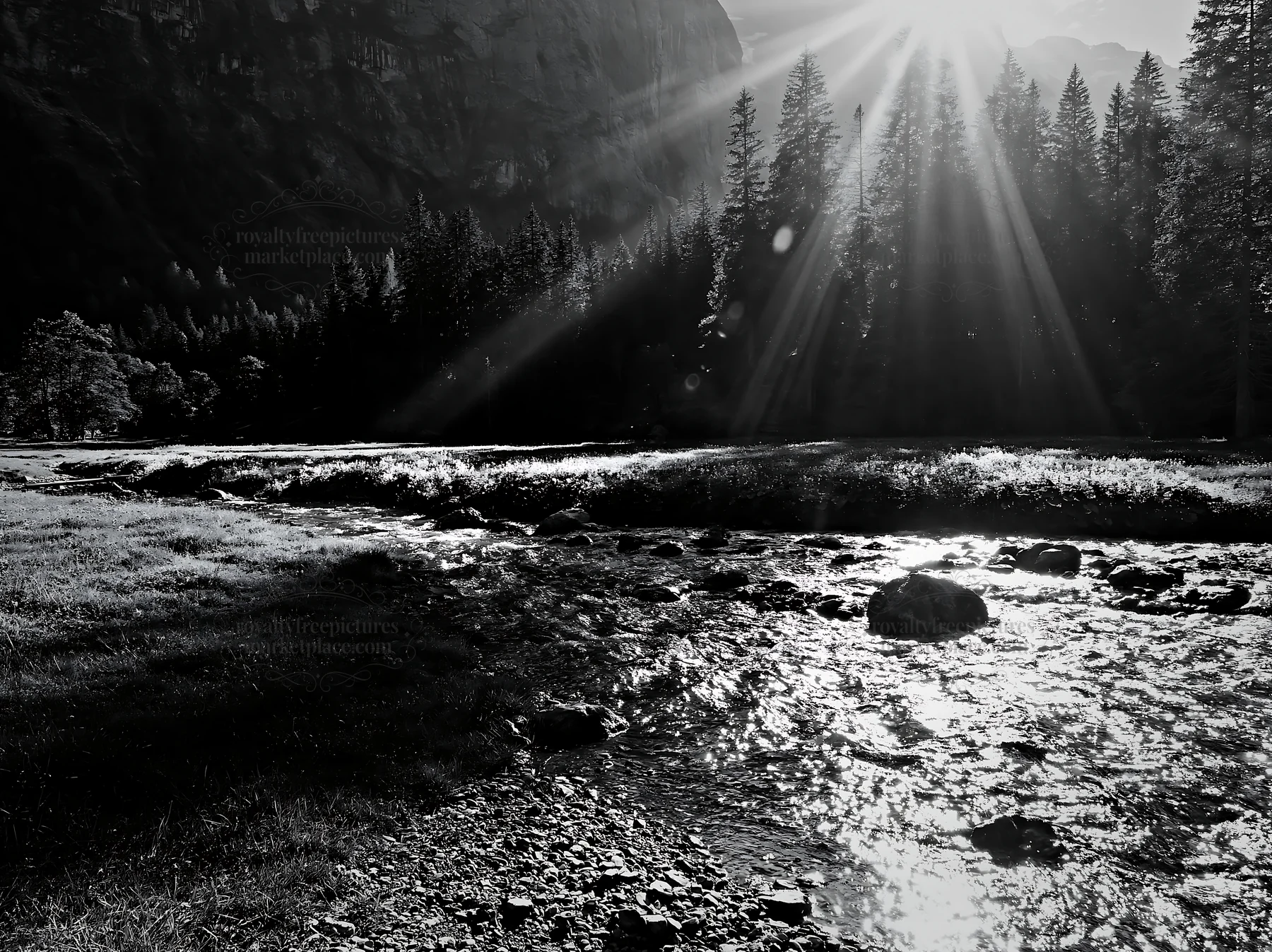 Lauterbrunnen Valley meadow with light rays and flowing water - AI-generated stock image