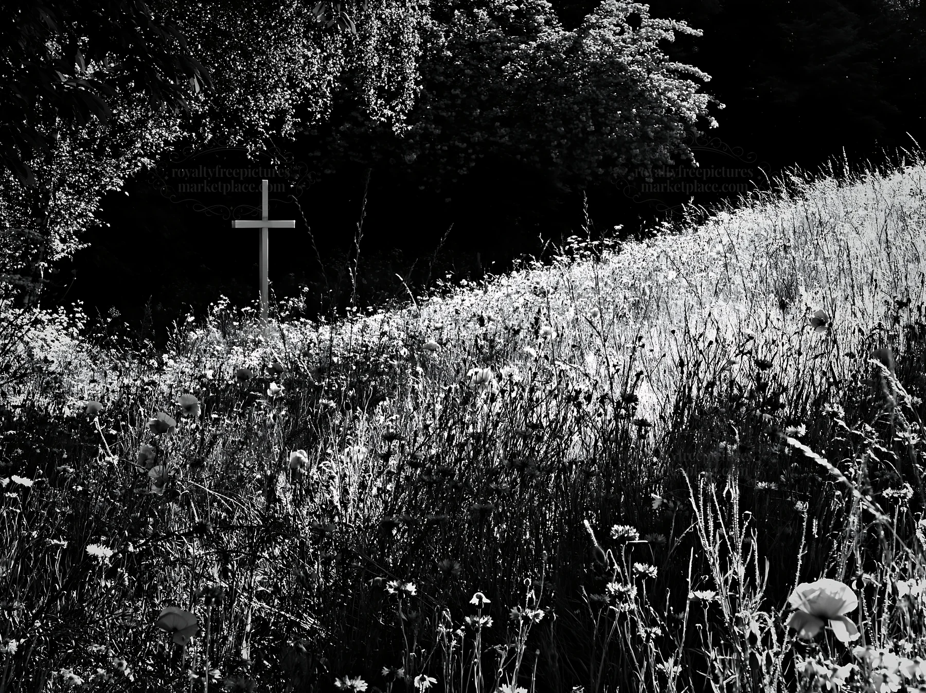 White Christian cross in a Christmas meadow - AI-generated stock image