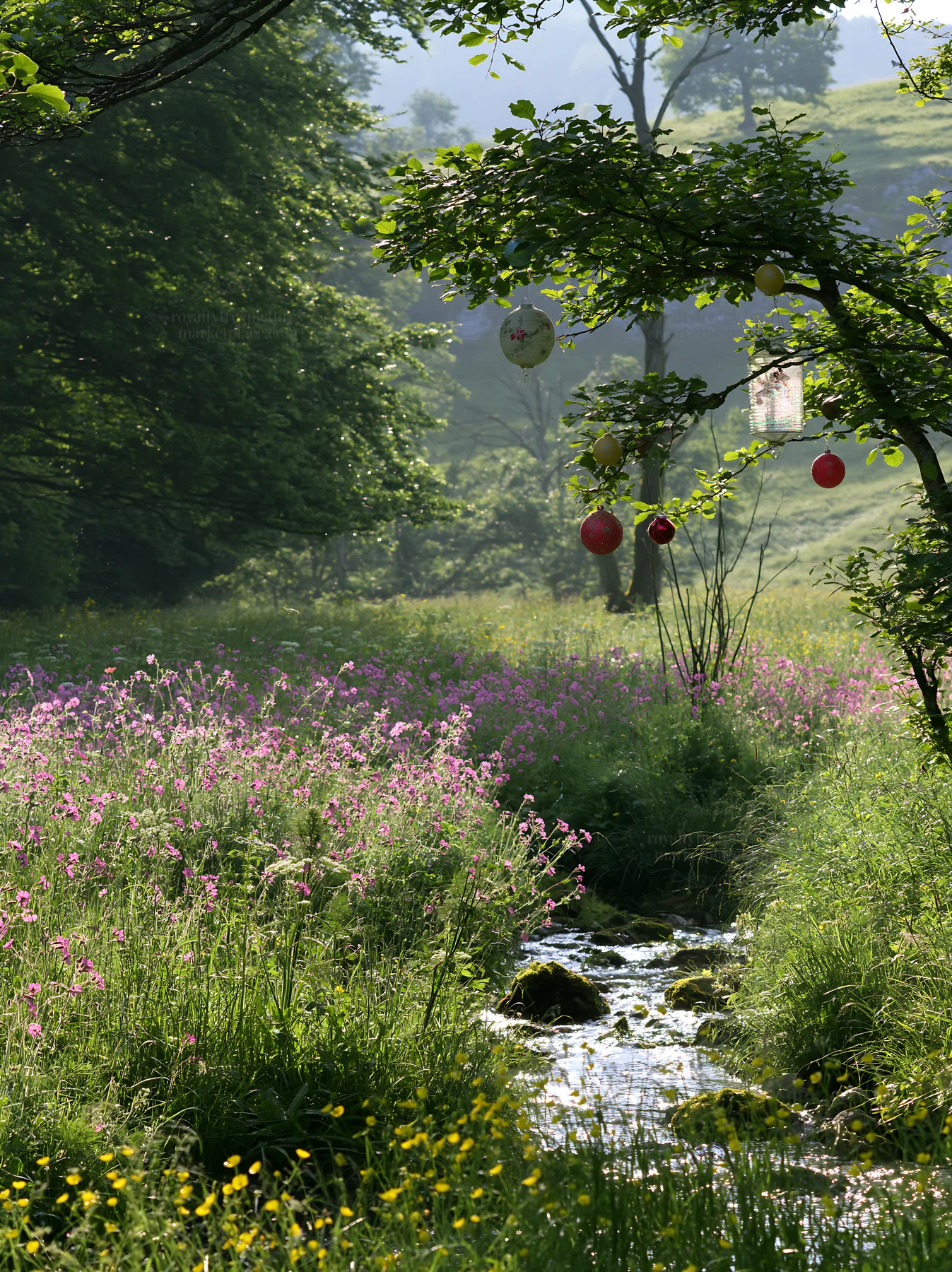 Christmas ornaments above stream in meadow - AI-generated stock image