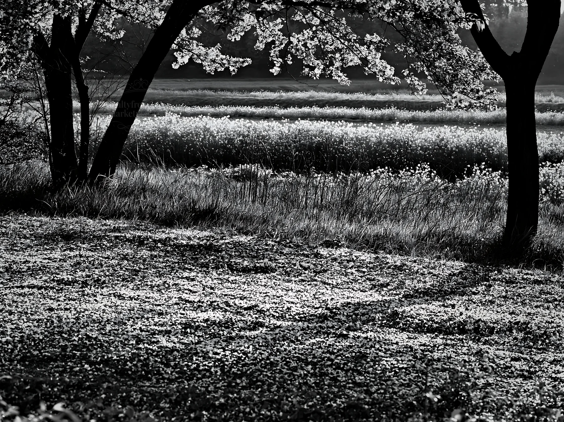 Fukuoka spring meadow with fallen blossoms in the foreground - AI-generated stock image