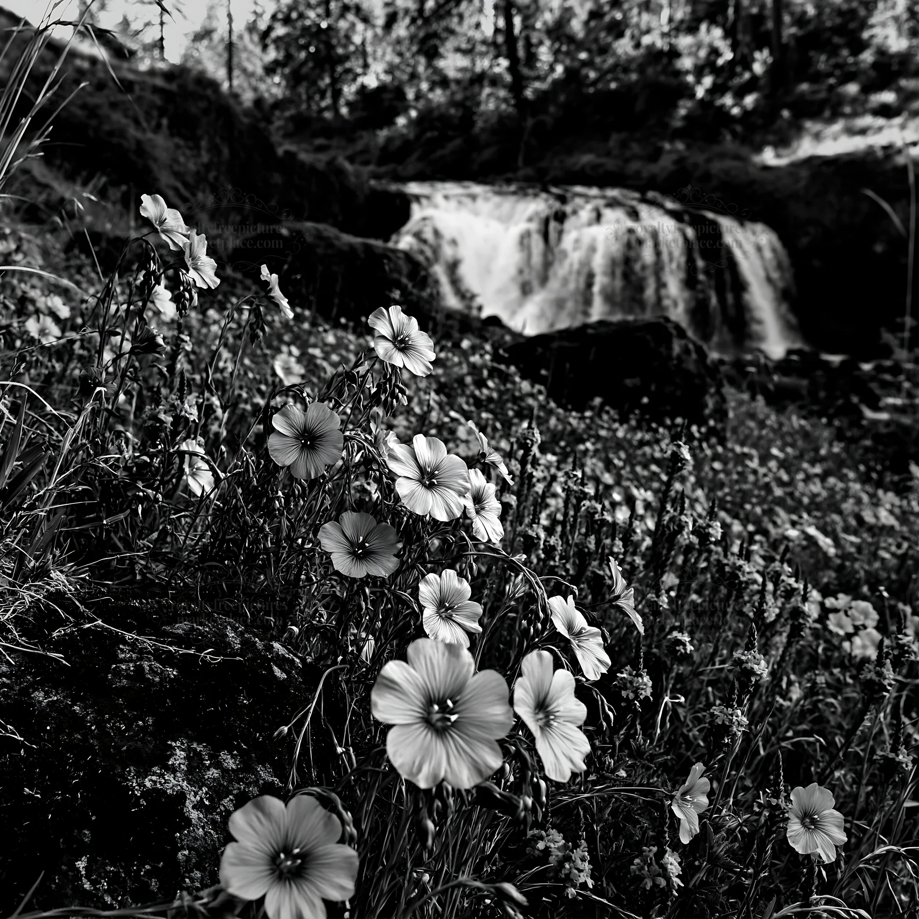 Wildflower meadow under cascading falls - AI-generated stock image
