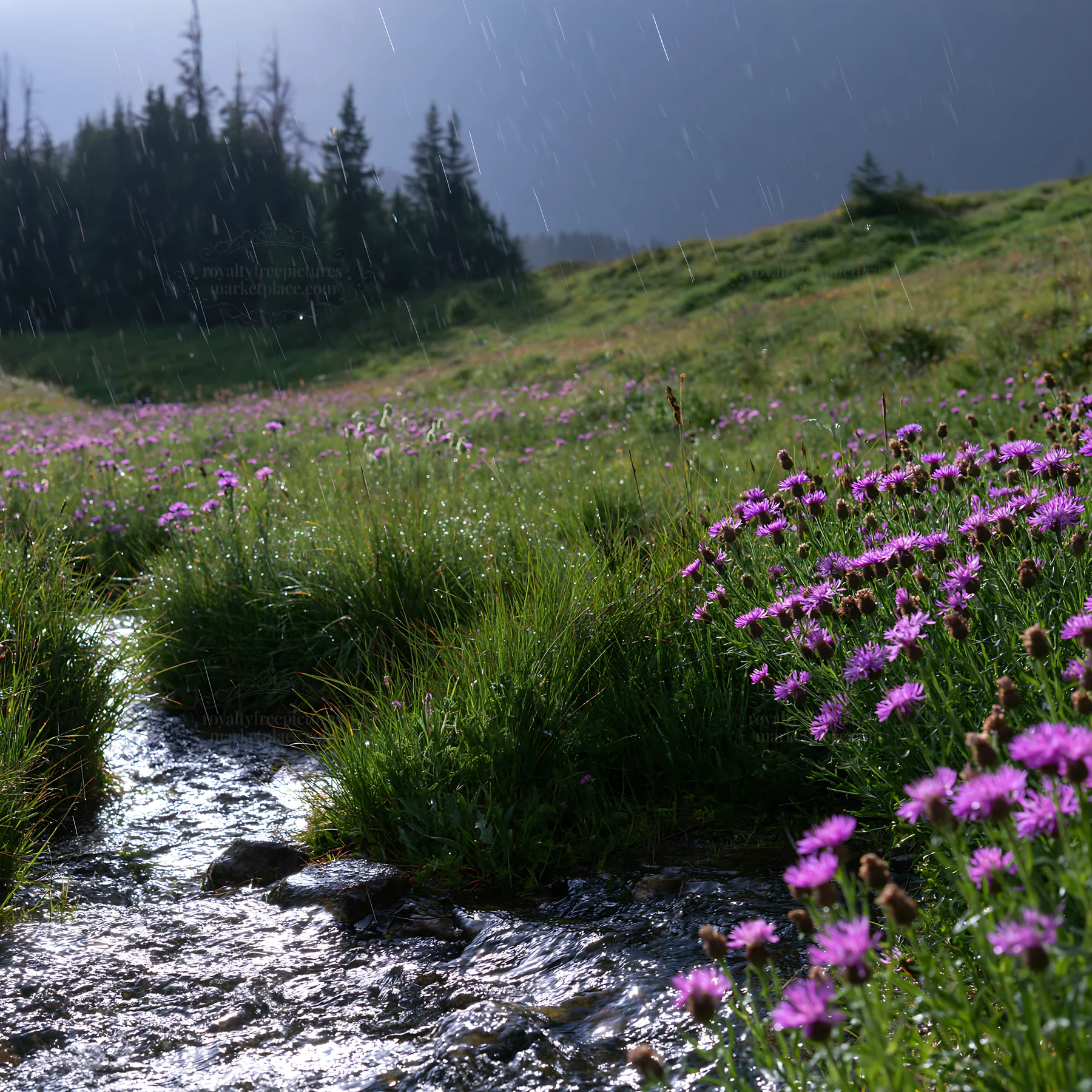High contrast wildflower meadow with flowing stream - AI-generated stock image