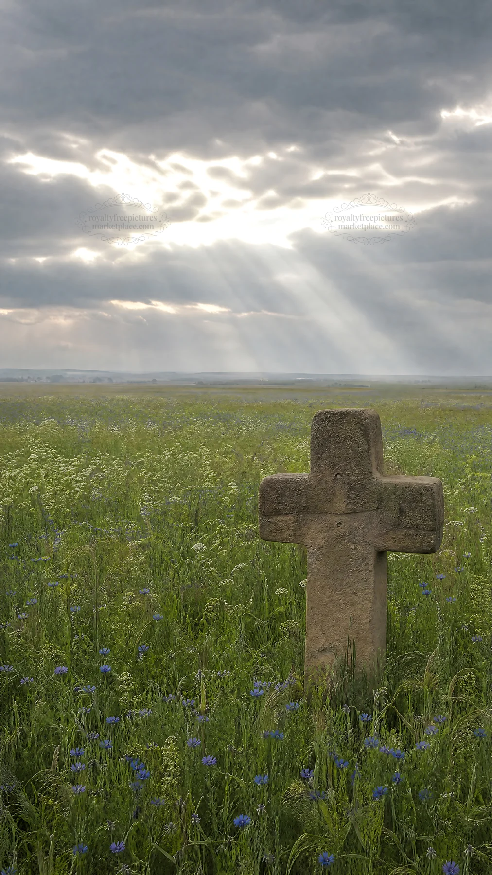 Christian cross in a meadow with light rays in the sky - AI-generated stock image