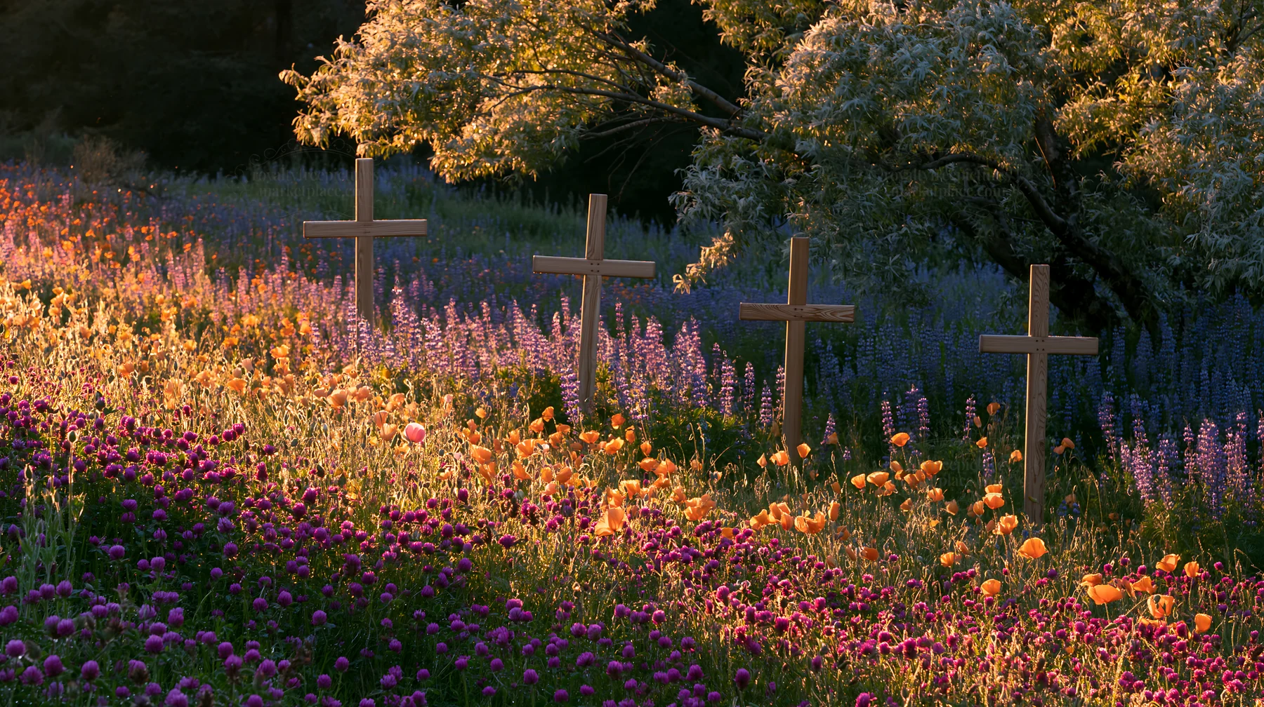 Wooden crosses in a flower meadow during Christmas time - AI-generated stock image