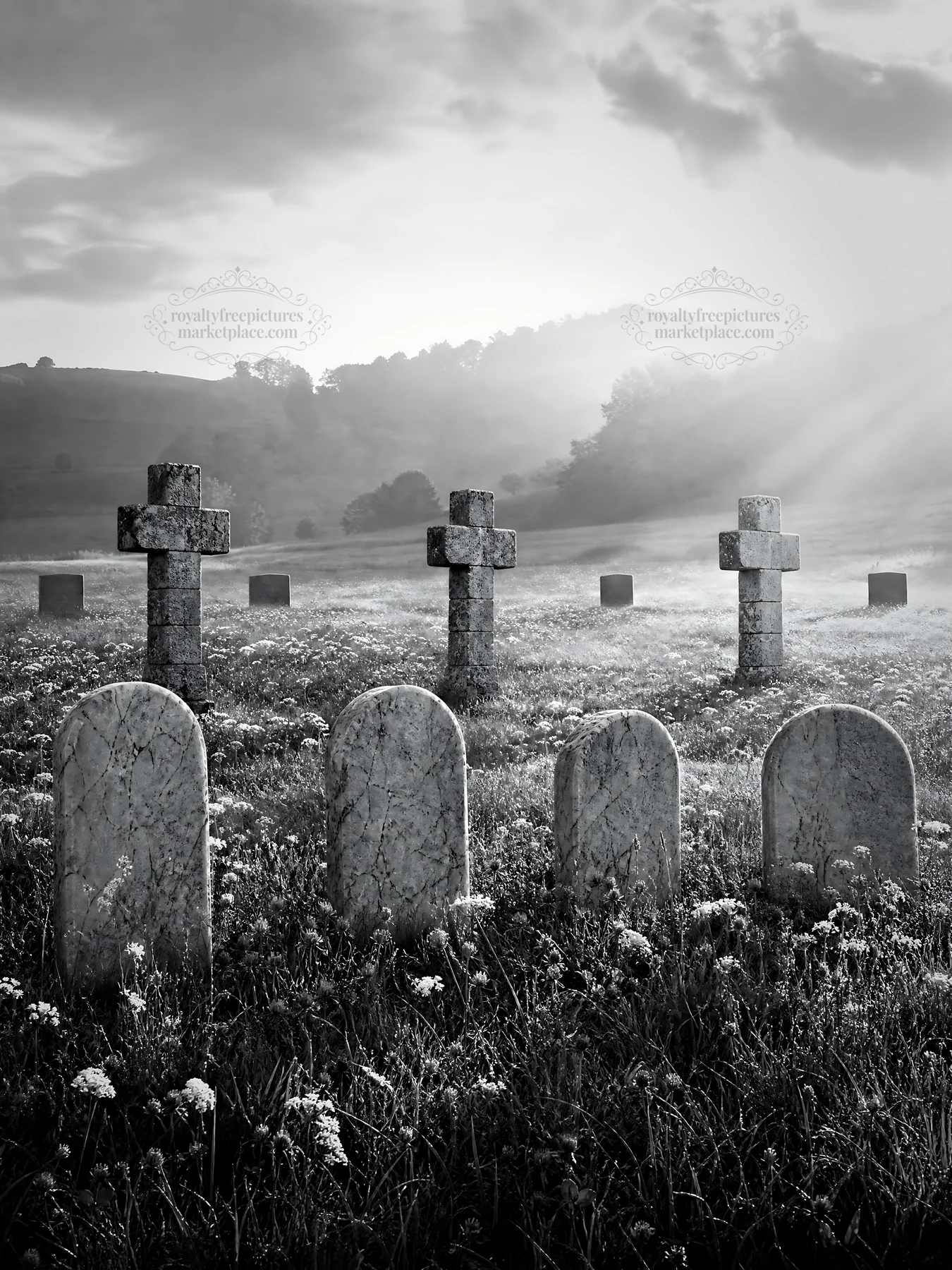 Christian crosses in meadow with light rays shining through trees - AI-generated stock image