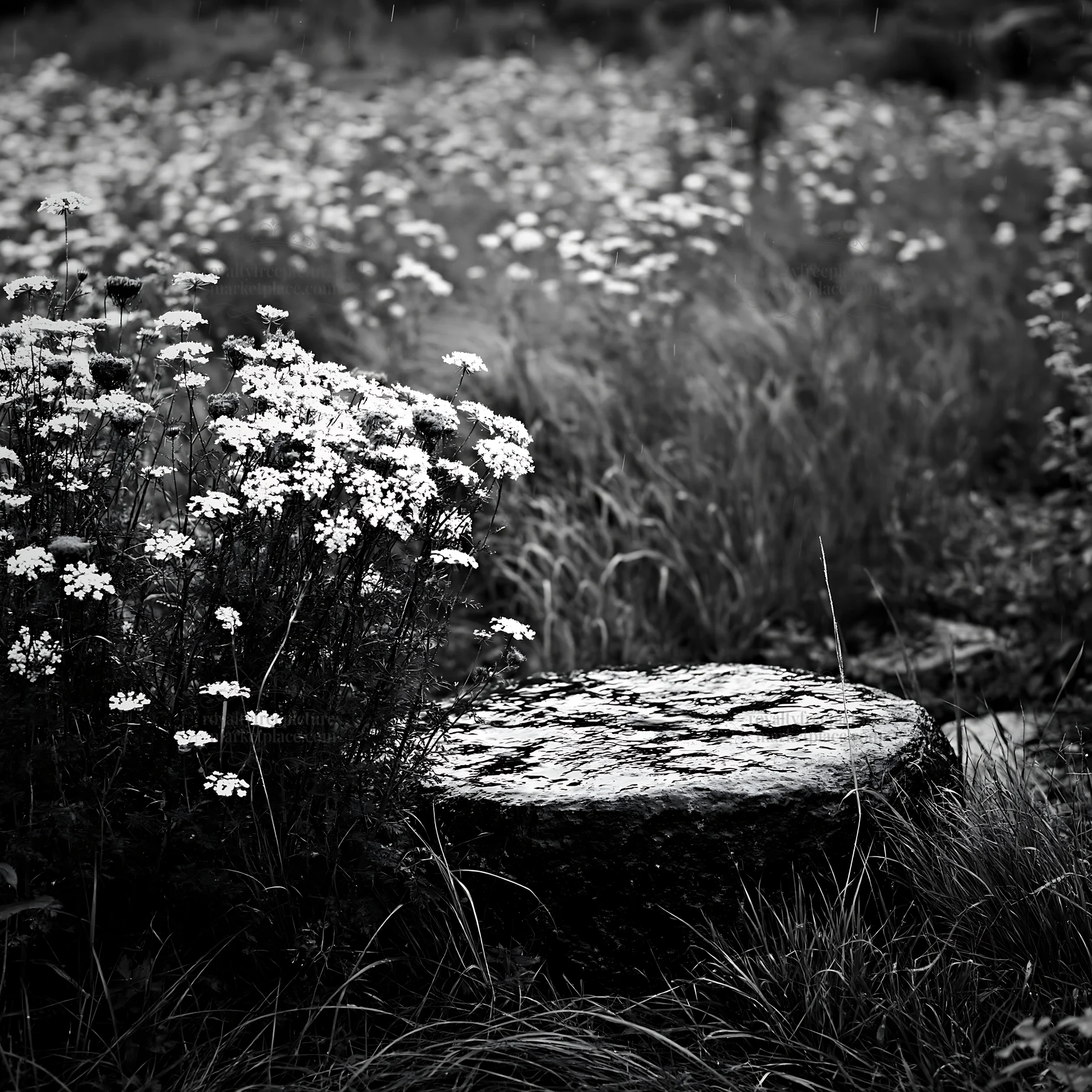 Black and white hiroshima rainy meadow smooth rock foreground - AI-generated stock image