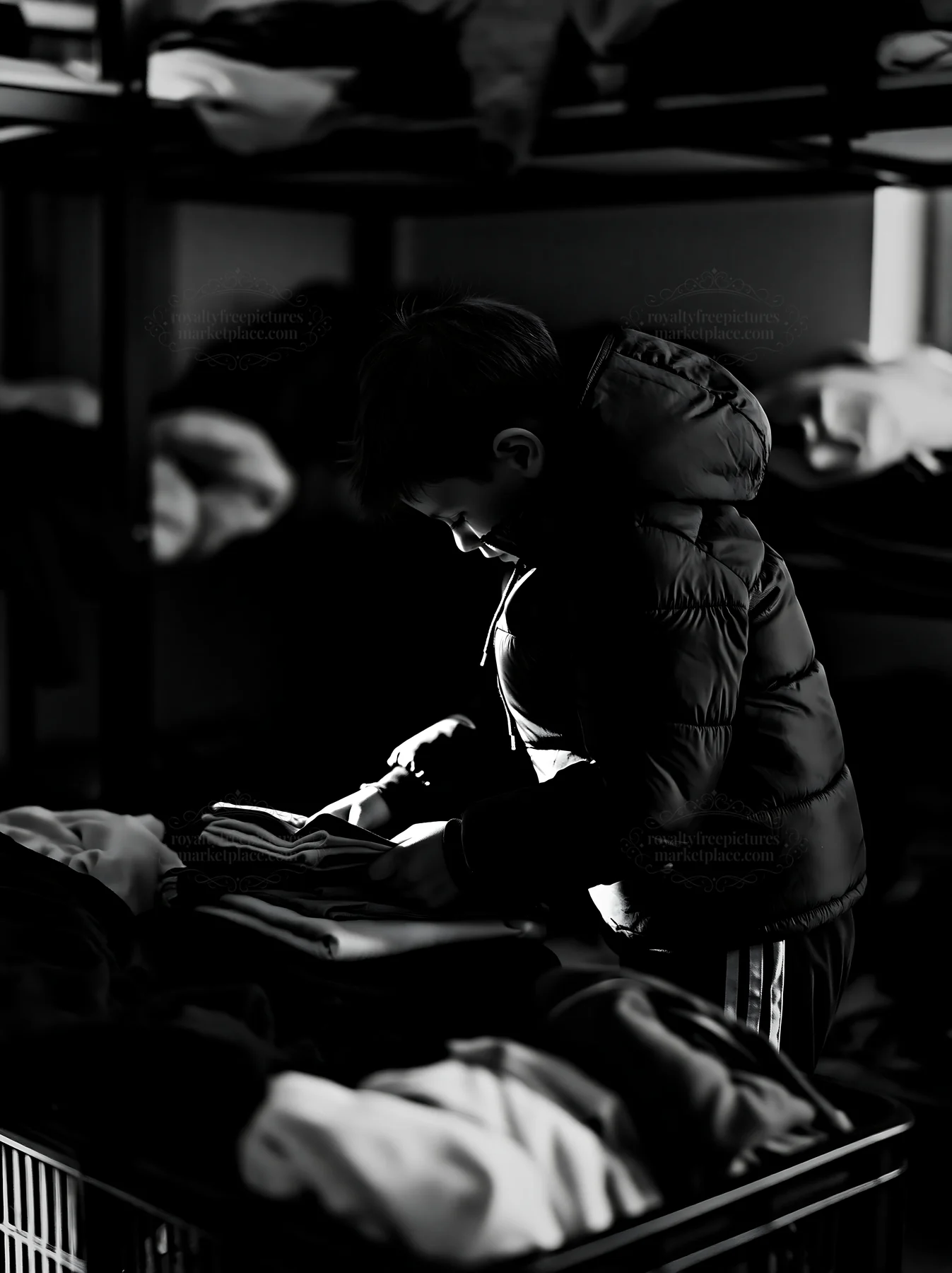 Black and white urban child hardship during clothing sorting - AI-generated stock image