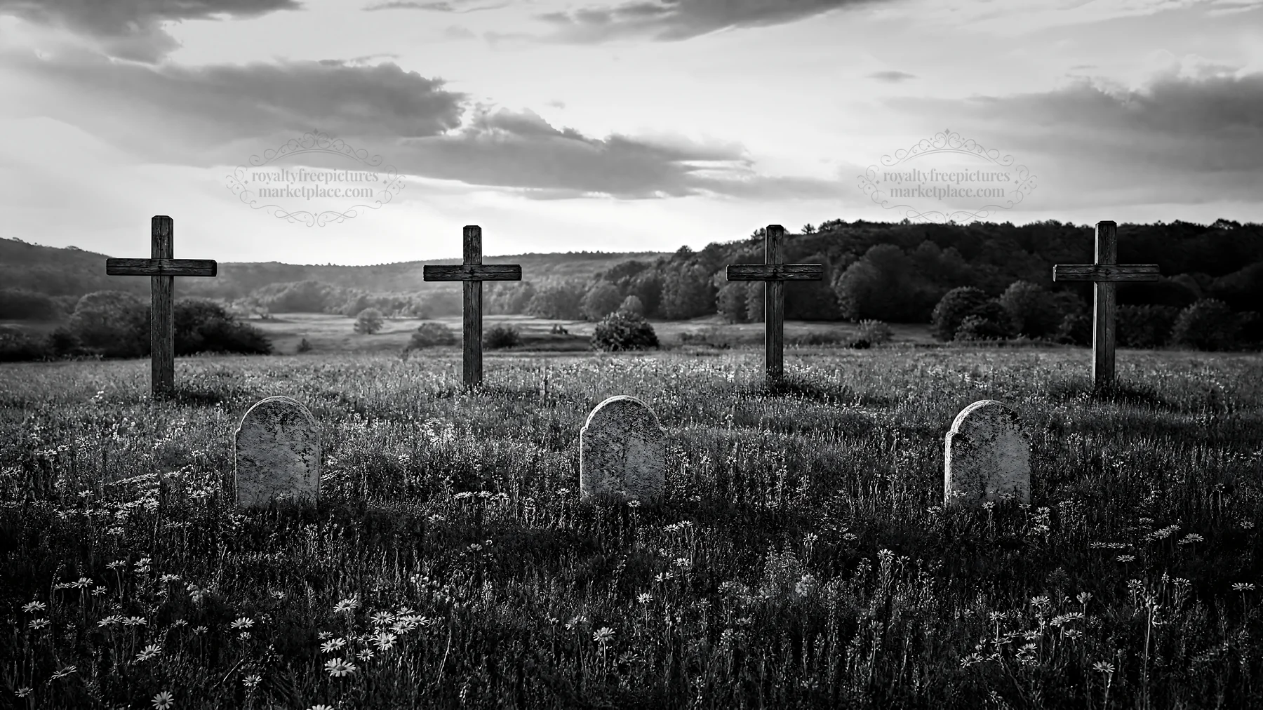 Crosses in meadow with light rays shining through clouds - AI-generated stock image