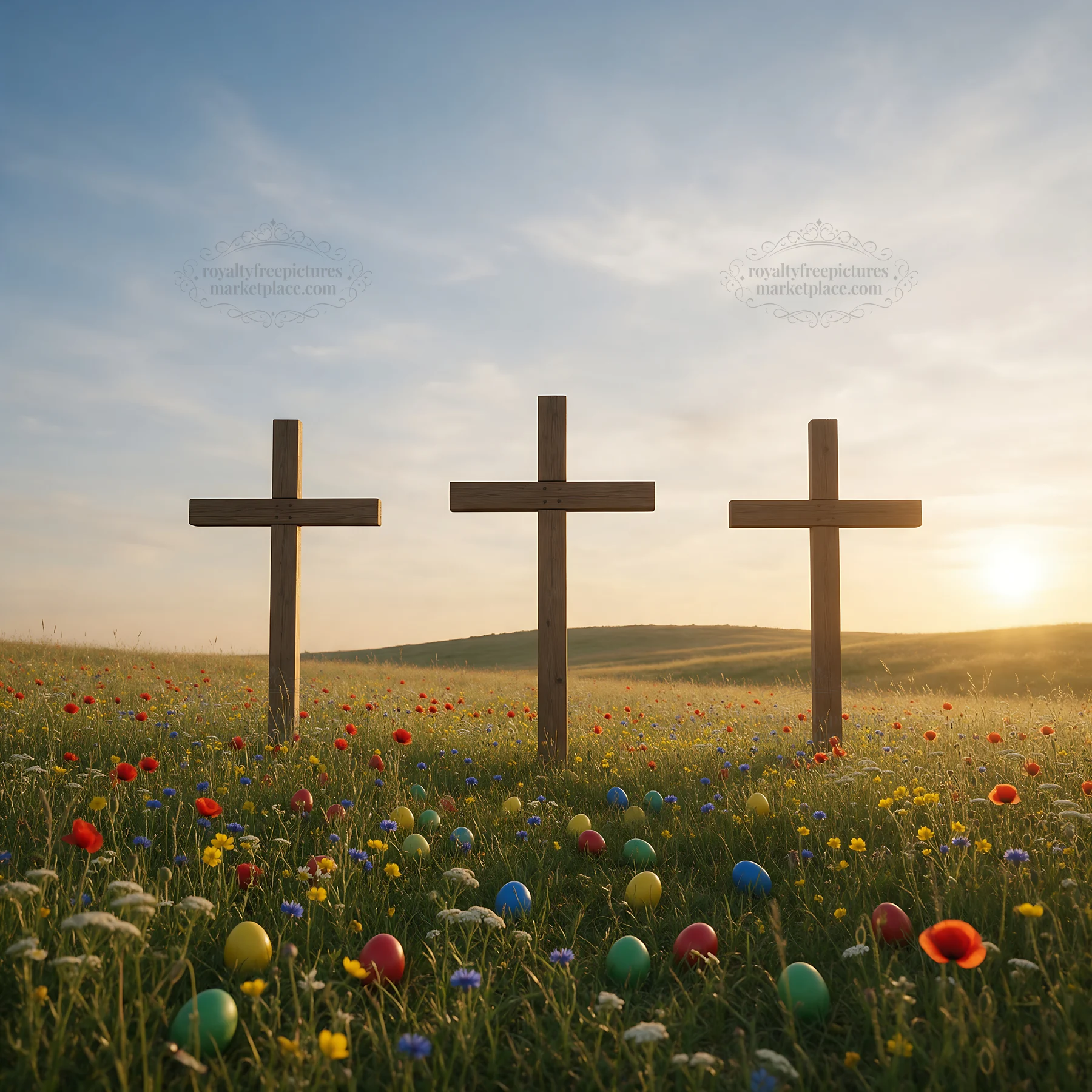 Christian crosses on meadow at sunrise with light rays - AI-generated stock image