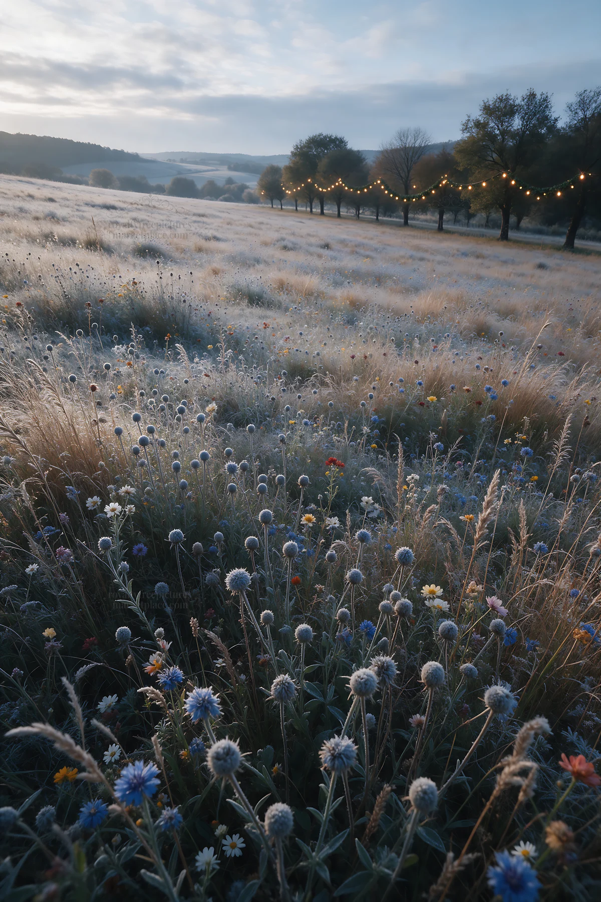 Vibrant Christmas lights across a winter meadow - AI-generated stock image
