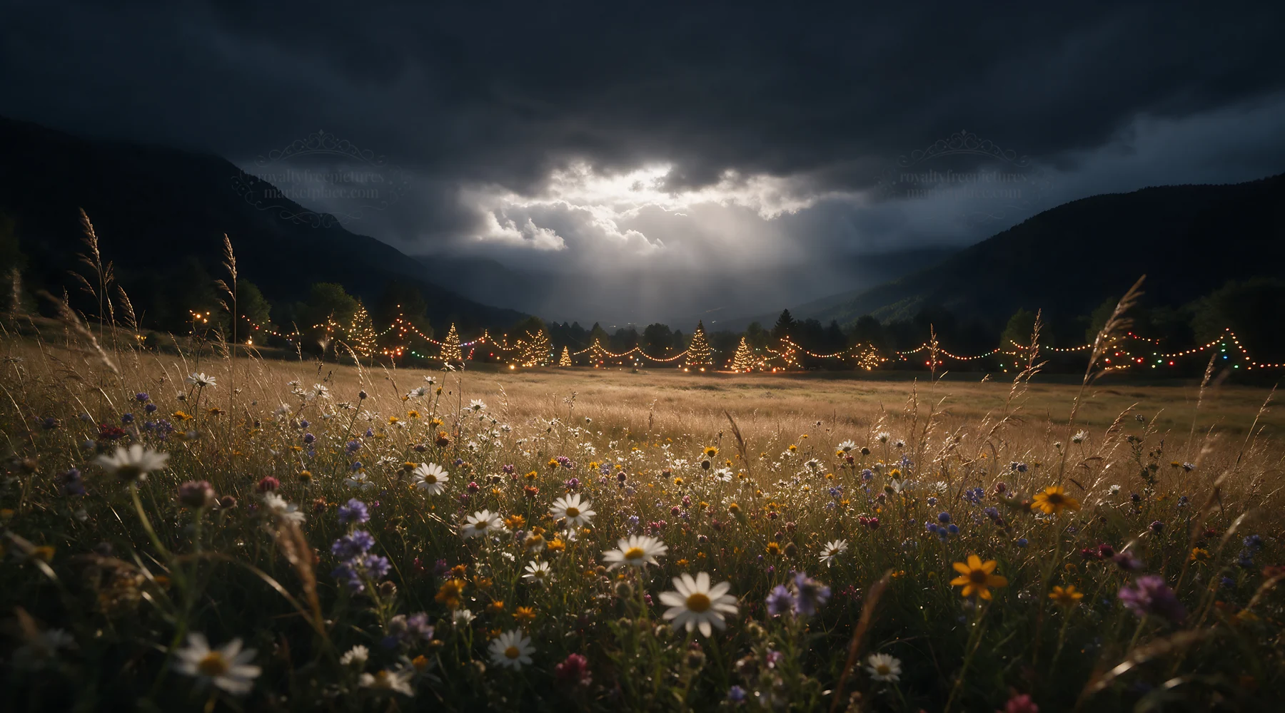 Warm Christmas lights shine across mountain valley meadow - AI-generated stock image