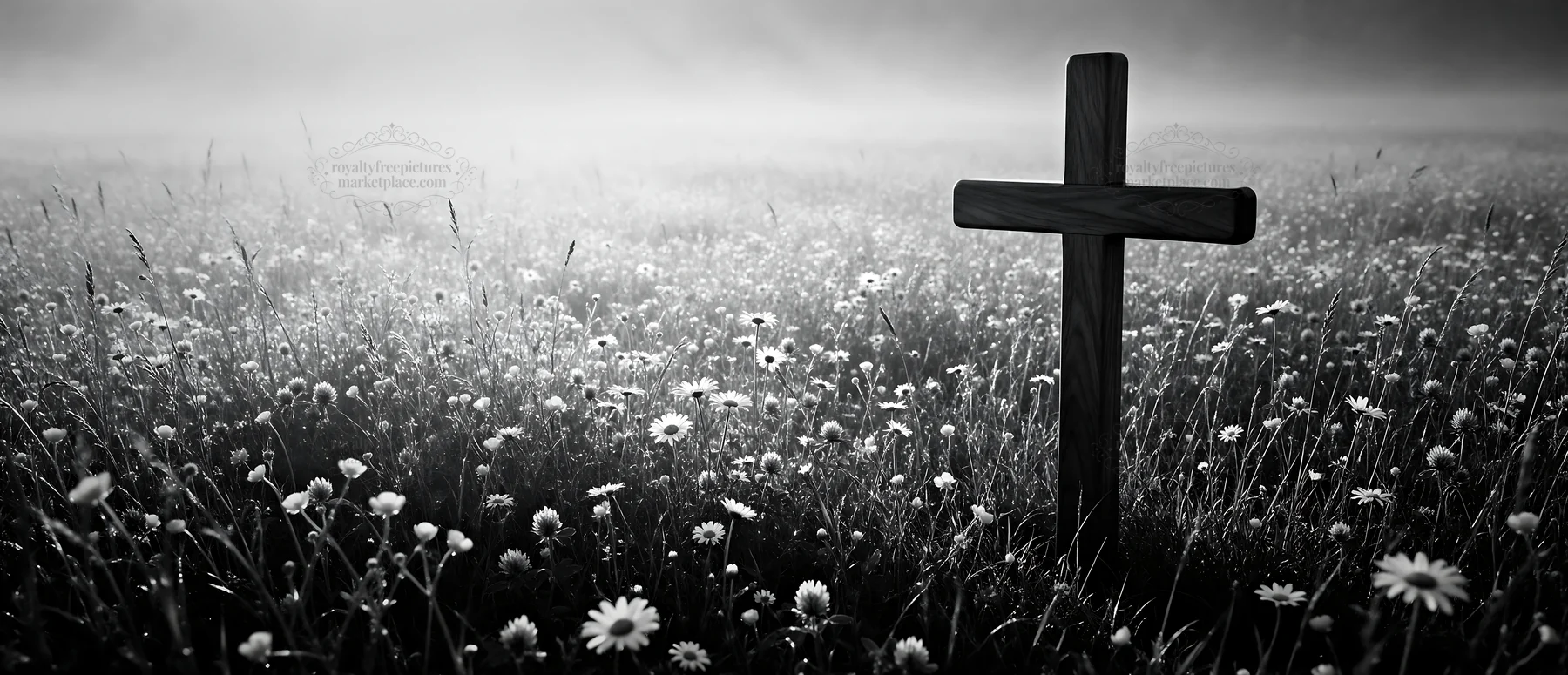 Christian cross in meadow with light rays and flowers - AI-generated stock image