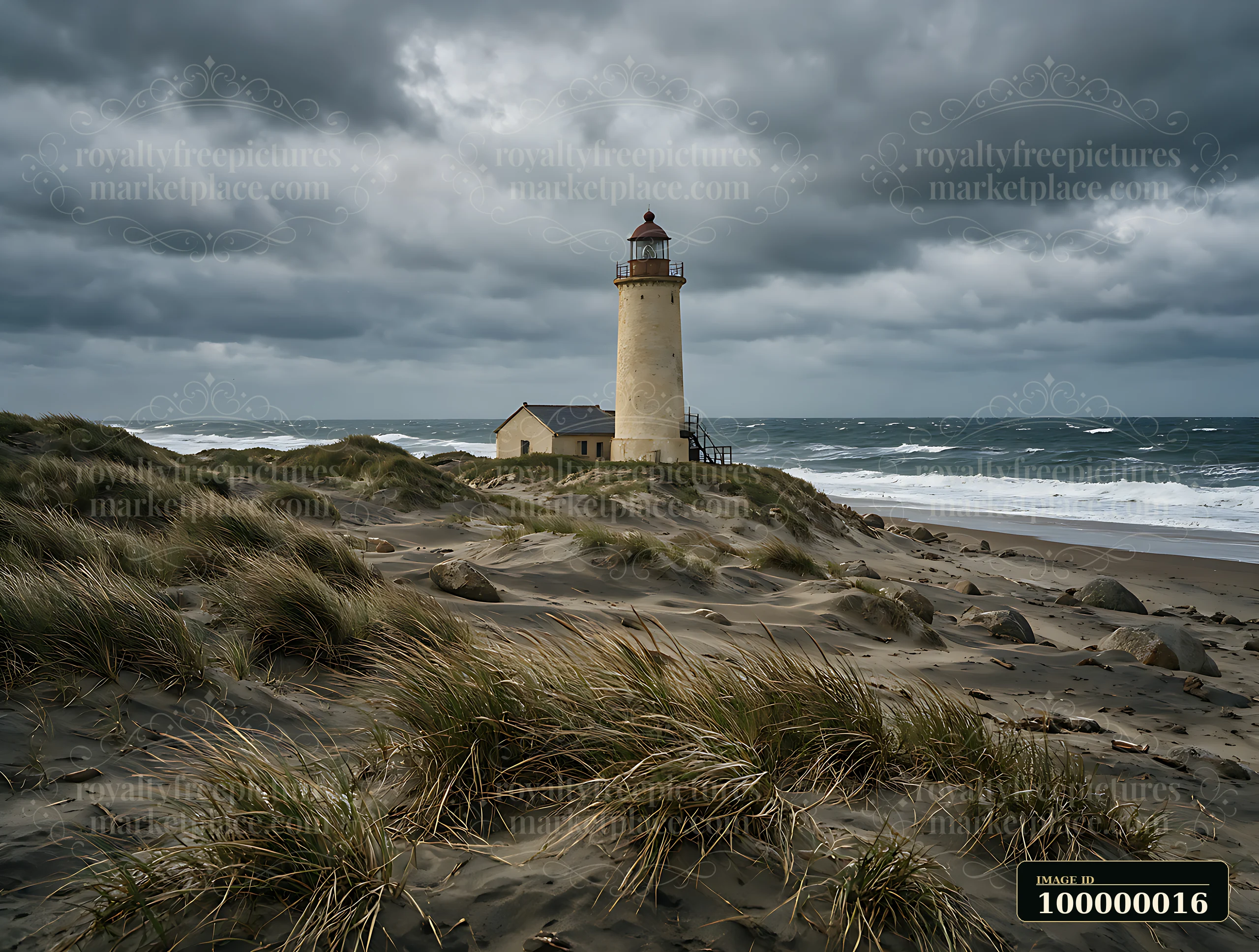Lighthouse stands on grassy sand dunes beside a rough sea under dark storm clouds.