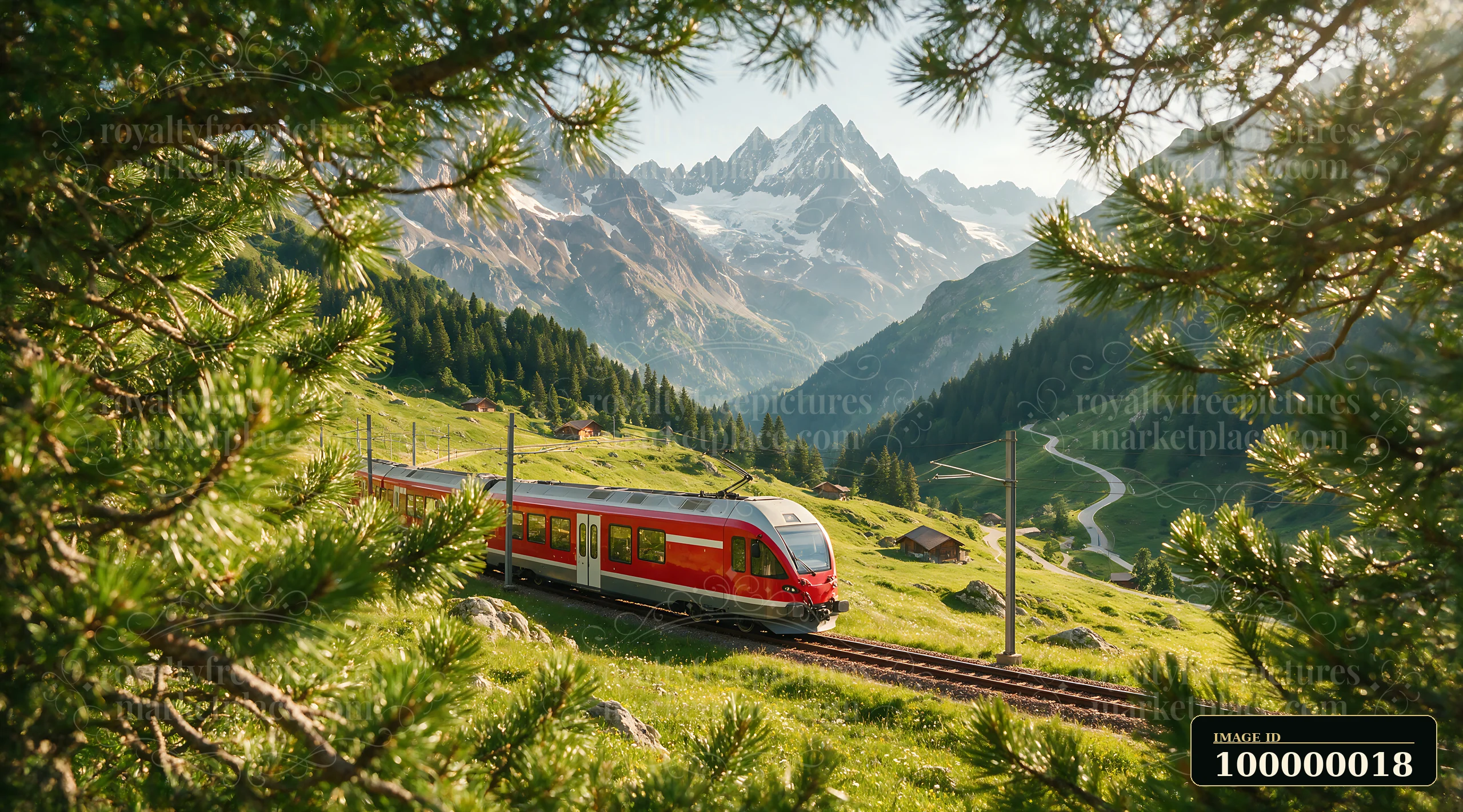 Red train travels through a green Swiss Alpine valley beneath snow-covered peaks, framed by sunlit pine branches.