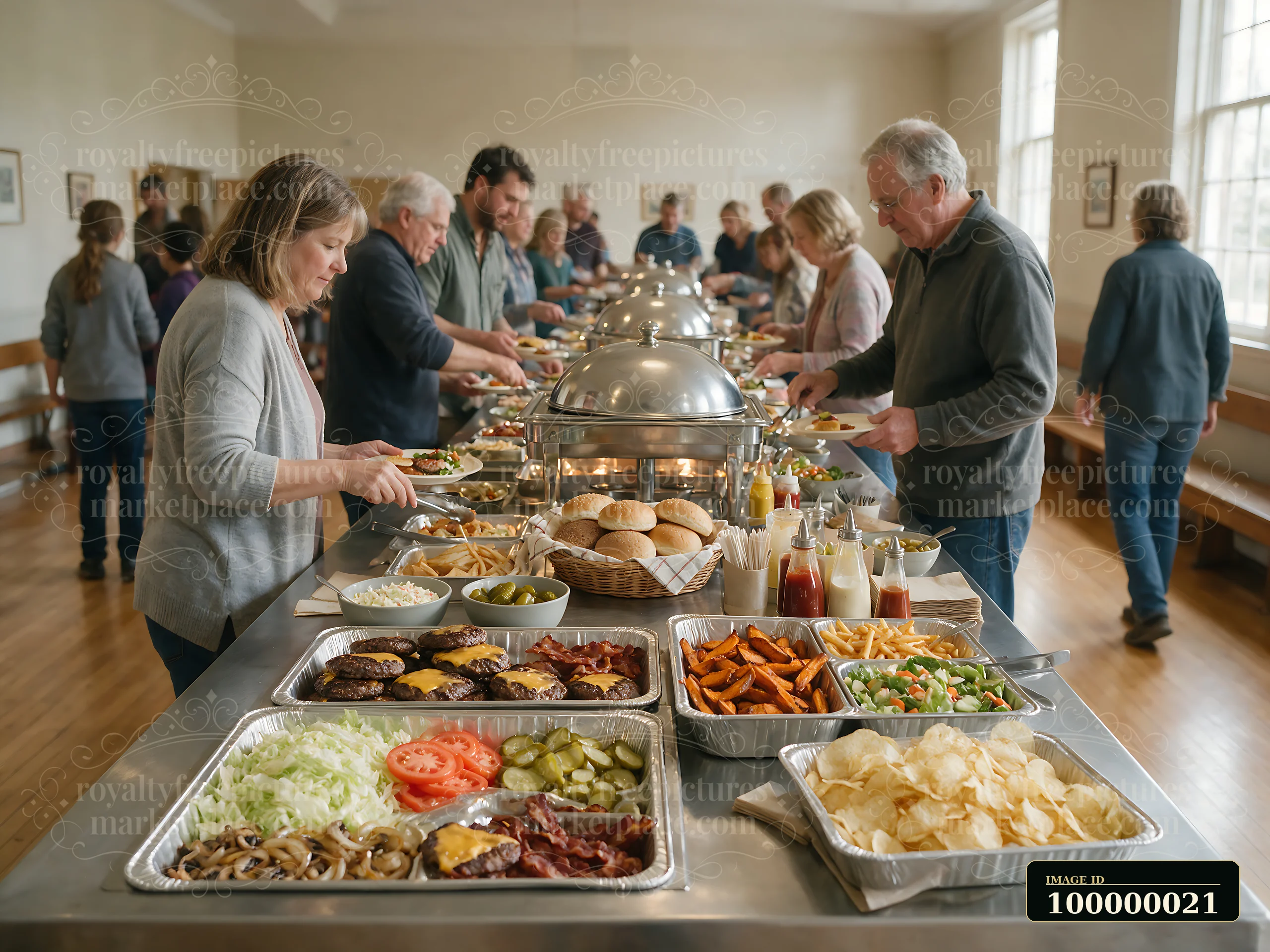 People serve burgers, fries, salads, and toppings from a buffet table in a bright community hall.
