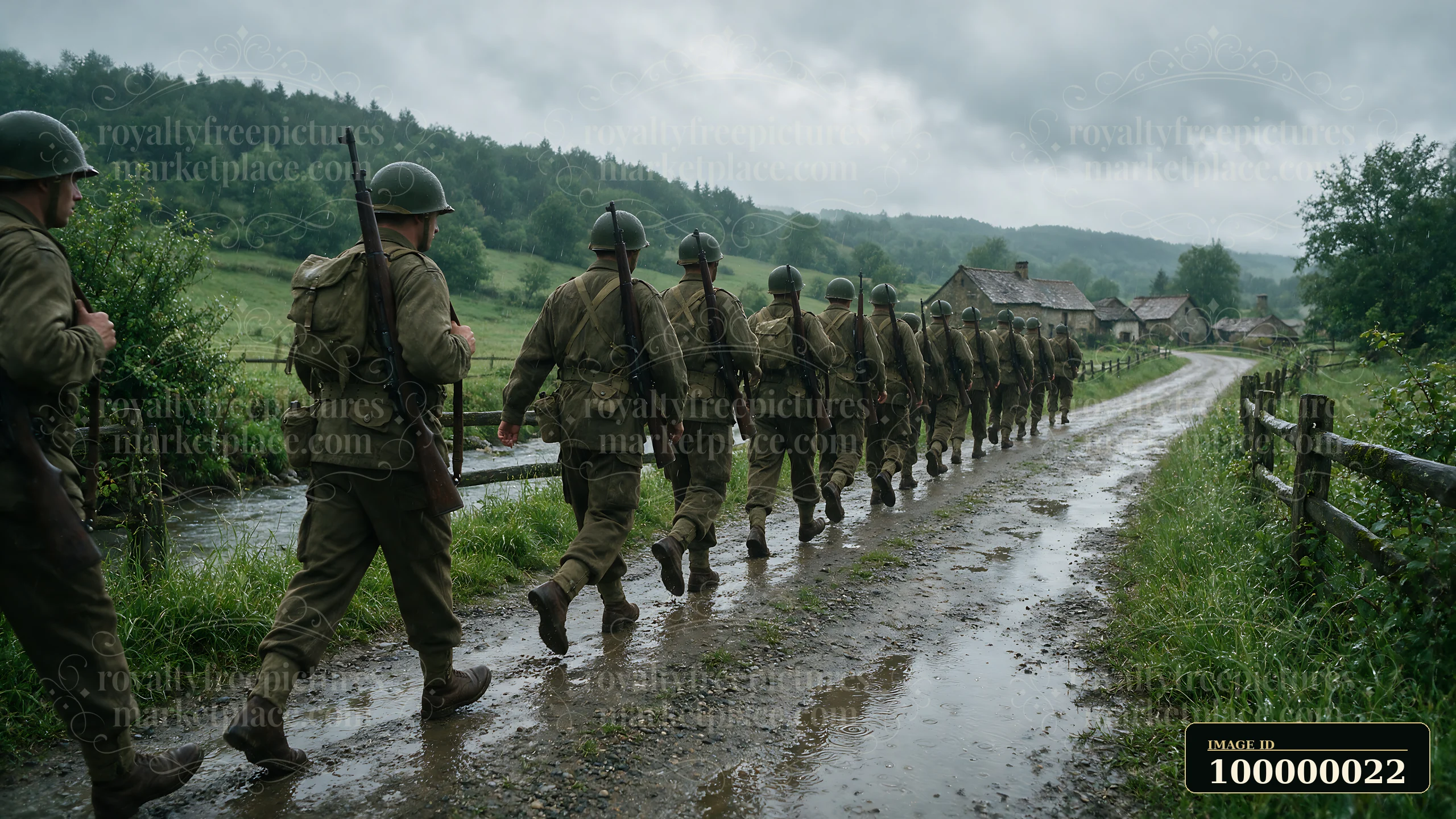 Soldiers march along a muddy rural road beside a stream and village during rainy weather.