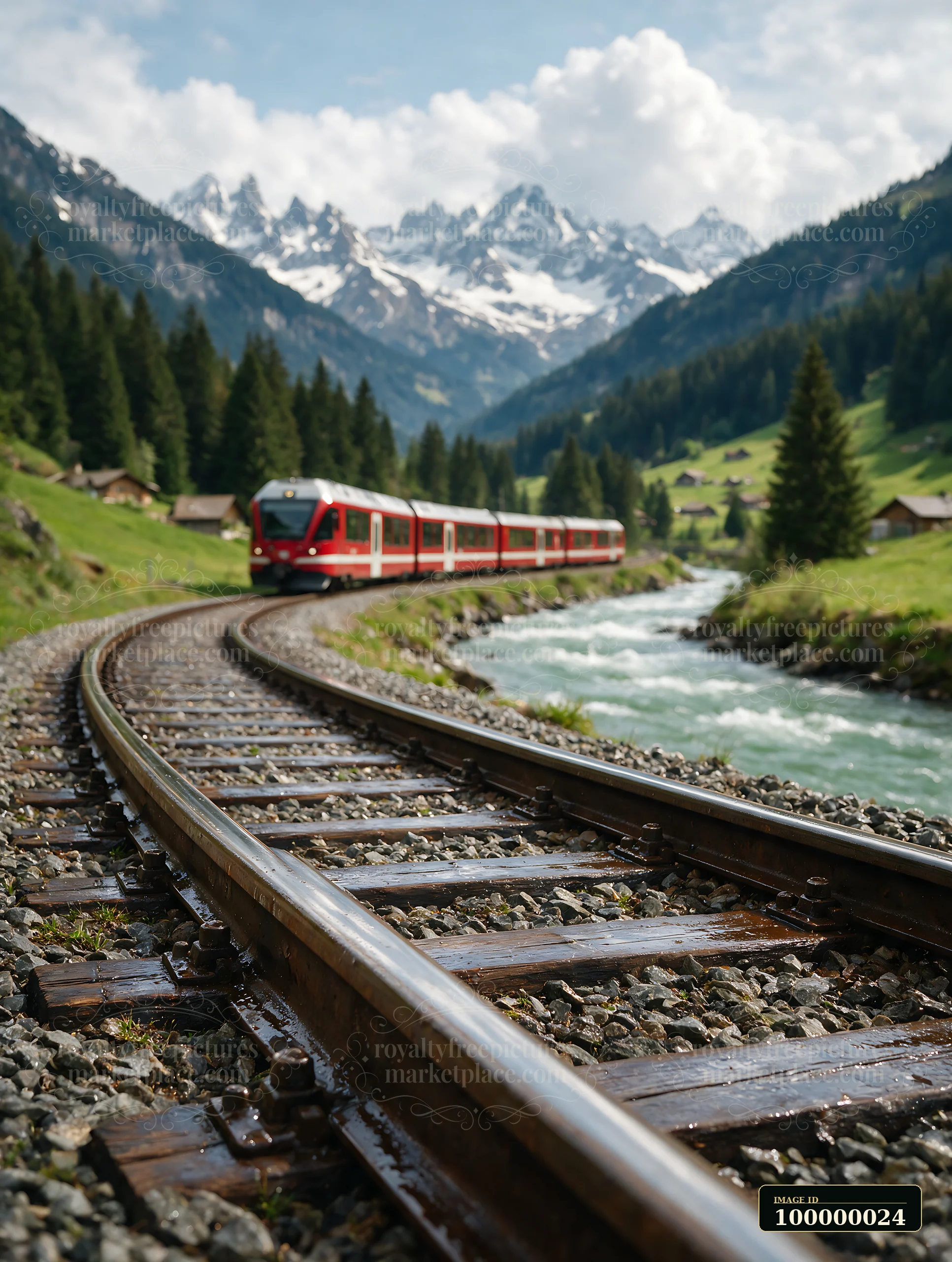 Red passenger train curves through a green Swiss Alpine valley beside a stream, with forested slopes and snow-capped mountains.