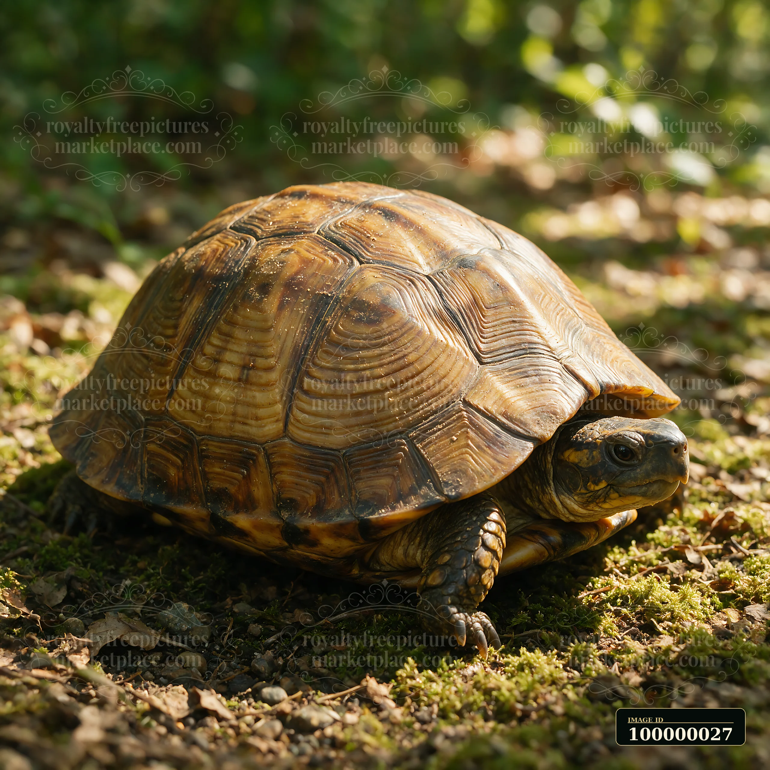 Turtle resting on mossy forest ground with its patterned shell illuminated by natural light.