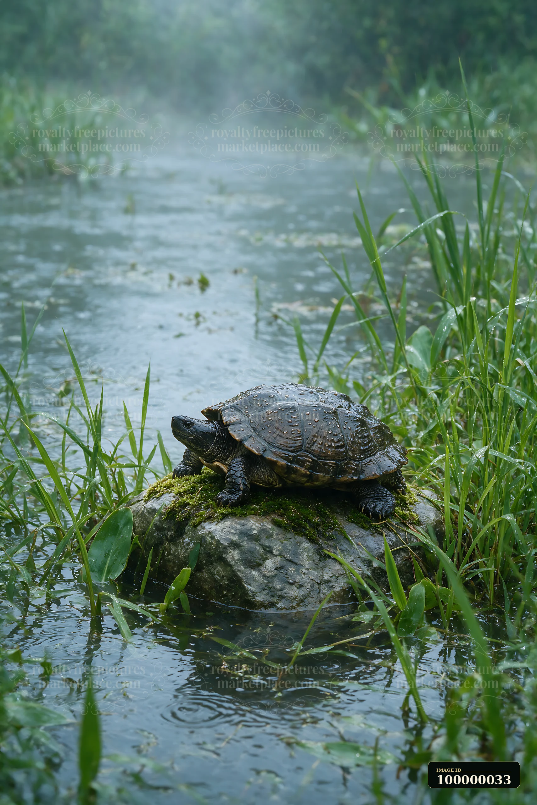 Turtle with a rain-covered shell rests on a mossy rock beside a grassy pond.