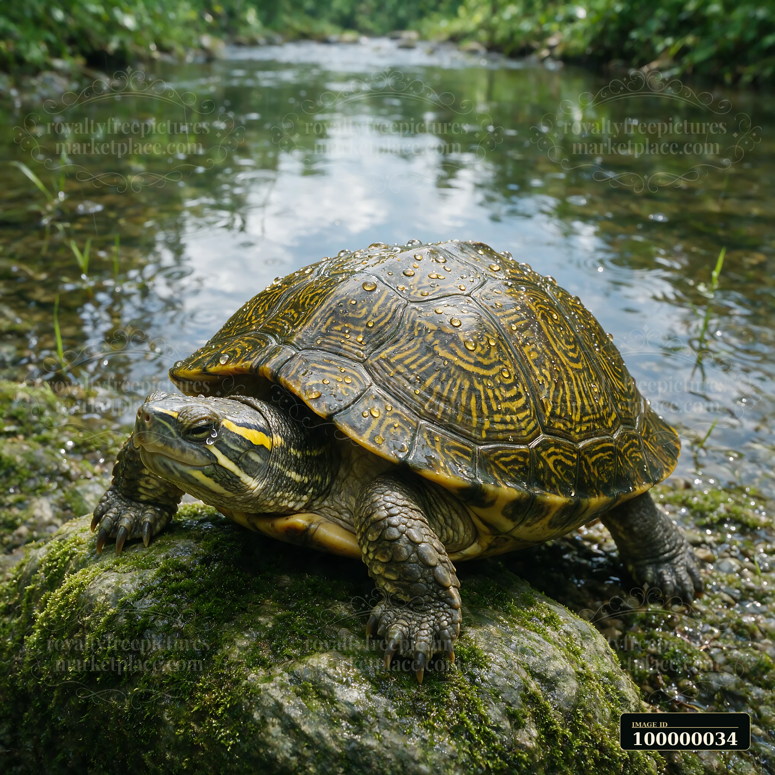 Turtle with a rain-covered shell resting on a mossy rock beside a forest stream.
