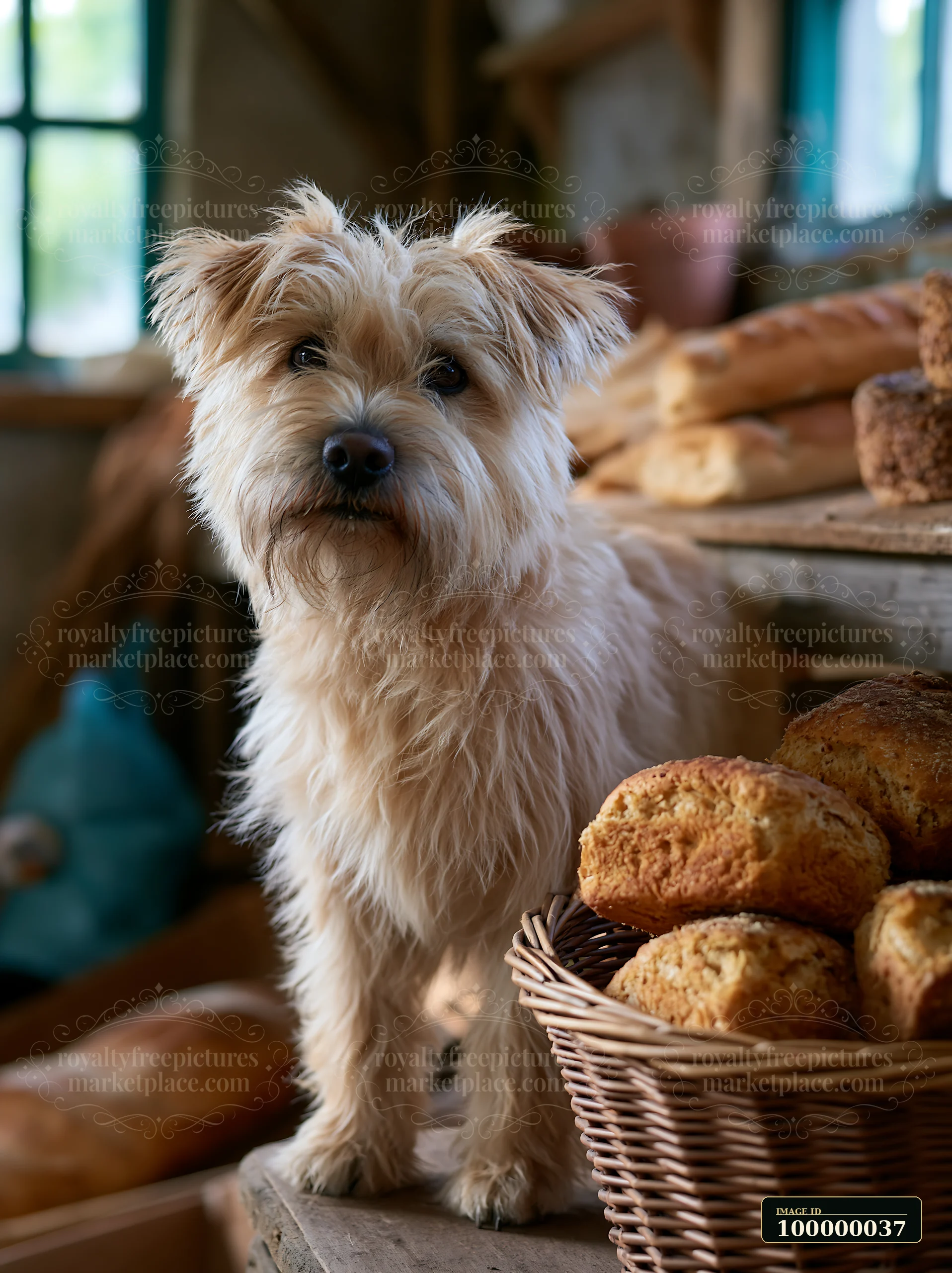 Shaggy cream-colored dog stands beside baskets of baked goods at a rustic market stall.